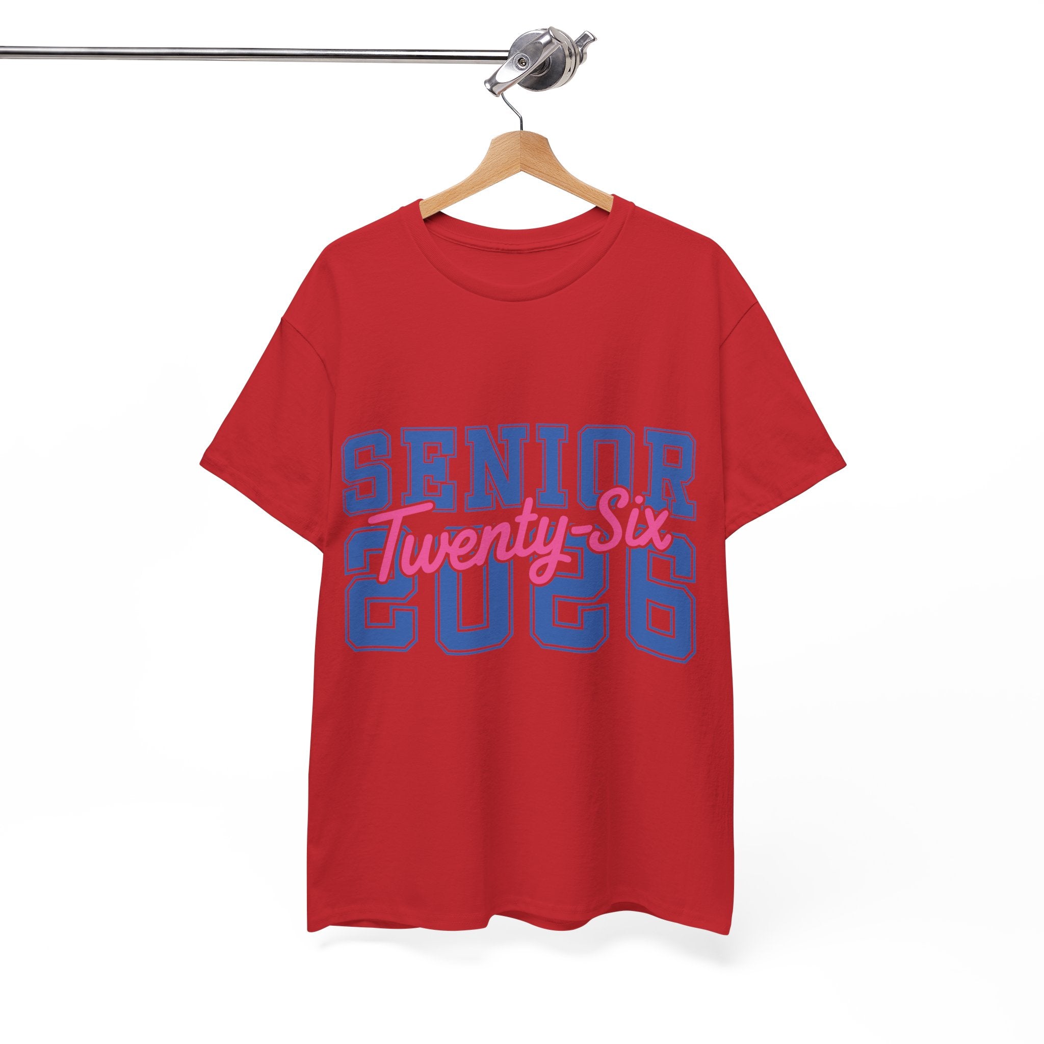 Senior 2026 Tee — Pink Varsity Block with Blue Script Overlay Unisex Cotton Tee