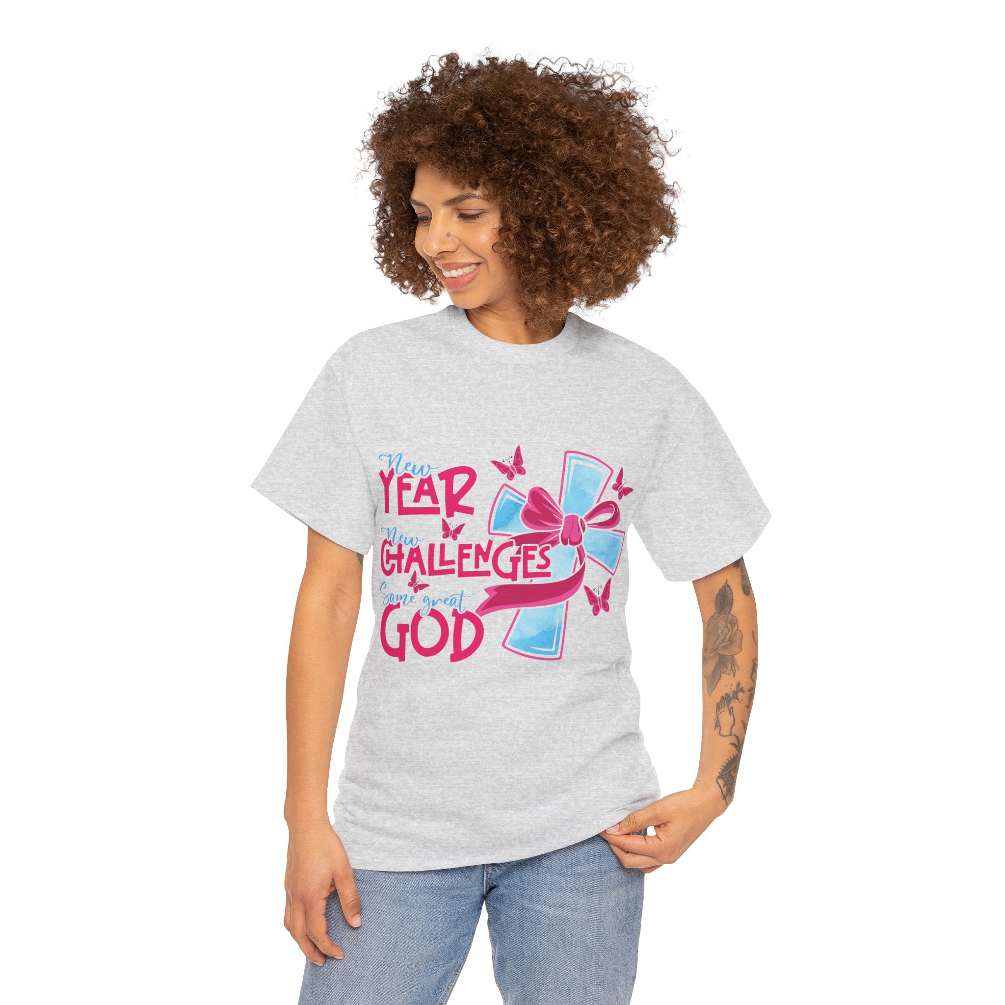 Christian T-Shirt — “New Year, New Challenges, Same Great God” with Pink Bow Cross & Butterflies. Unisex Cotton Tee