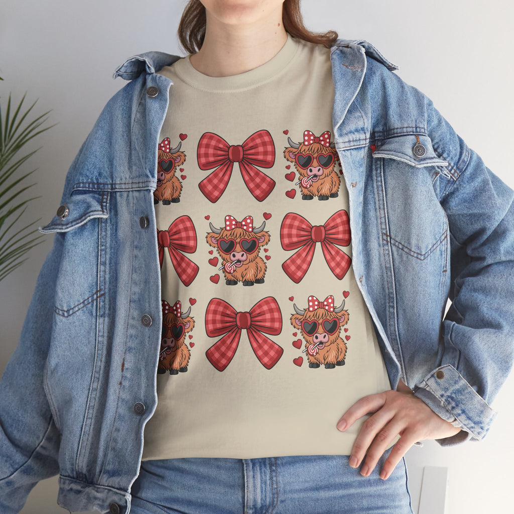 Valentine Cow Checkered Tee — Fluffy Cows with Heart Sunglasses & Red Bows..Unisex Cotton Tee