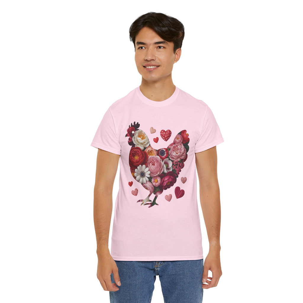 Floral Chicken Heart Tee — Red & Pink Flower Silhouette Unisex Cotton Tee