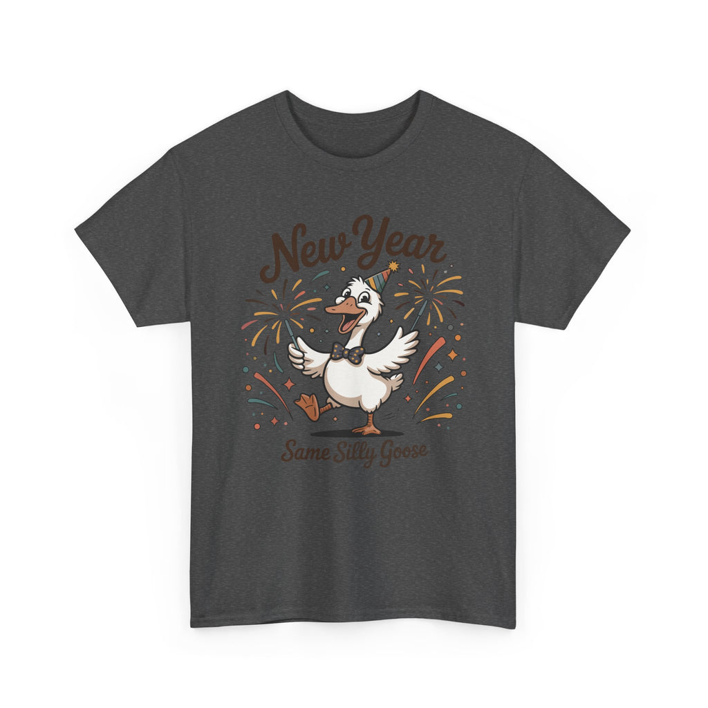 Happy Goose New Year T-Shirt — Party Hat, Fireworks & Confetti Unisex Cotton Tee