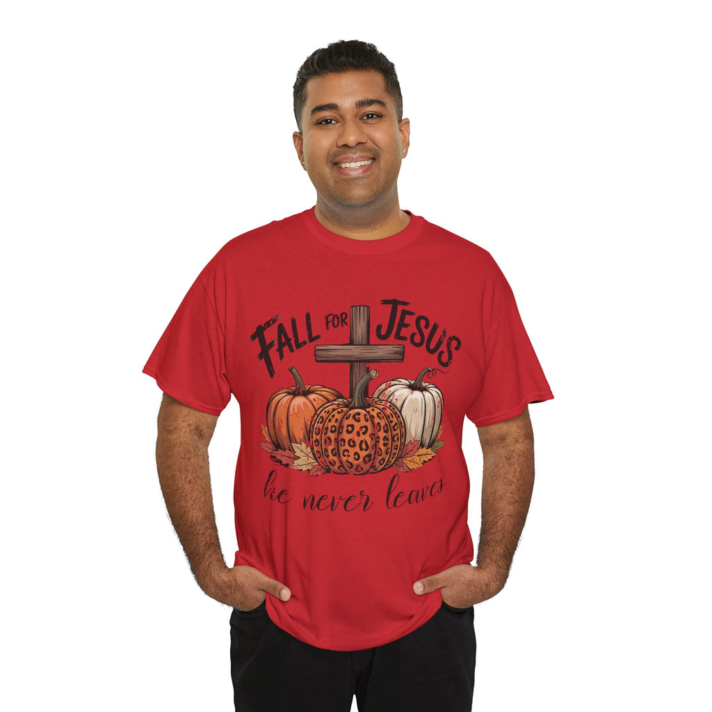 Fall for Jesus Pumpkin Cross Tee — "He Never Leaves" Autumn Christian Unisex Cotton T-Shirt