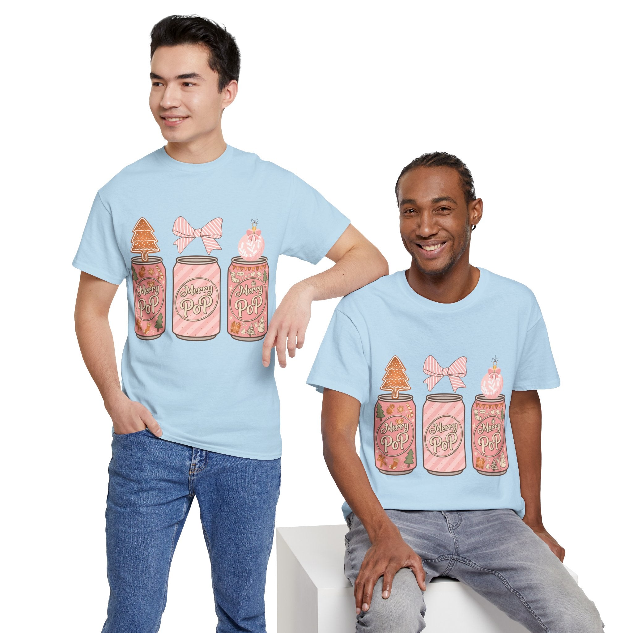 Merry Pop Christmas Soda Can Tee — Pastel Holiday Graphic Unisex Cotton T-Shirt