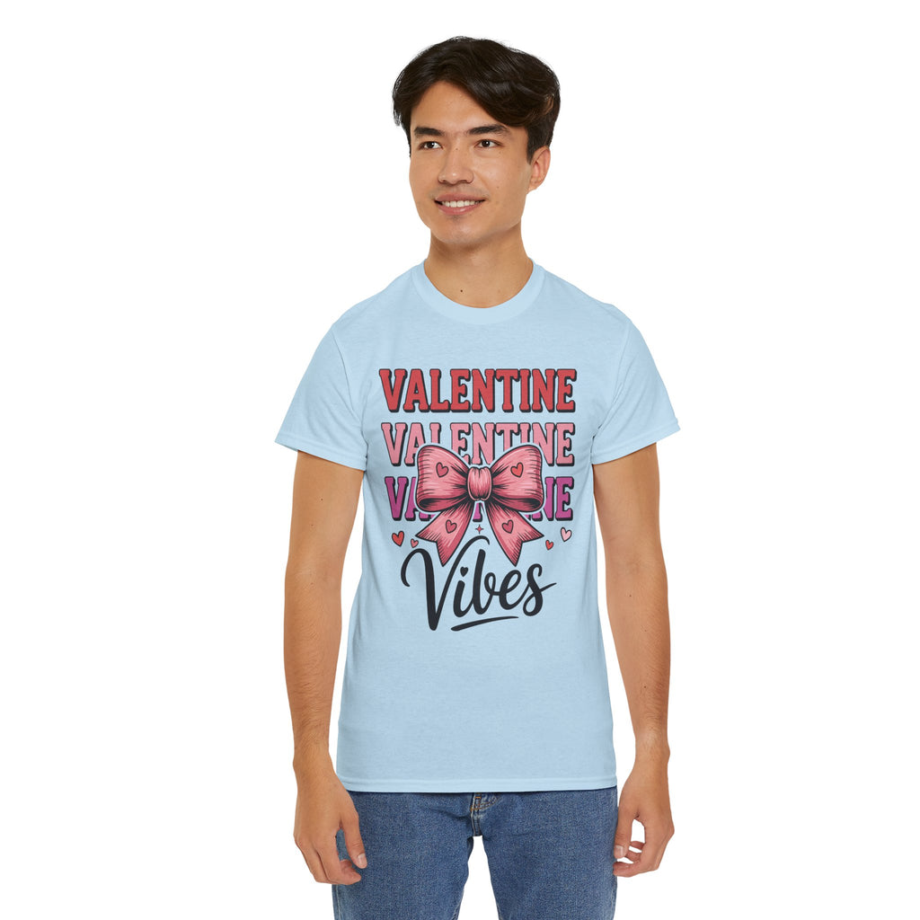 Valentine Vibes T-Shirt — Pink Bow Heart Graphic Unisex Cotton Tee