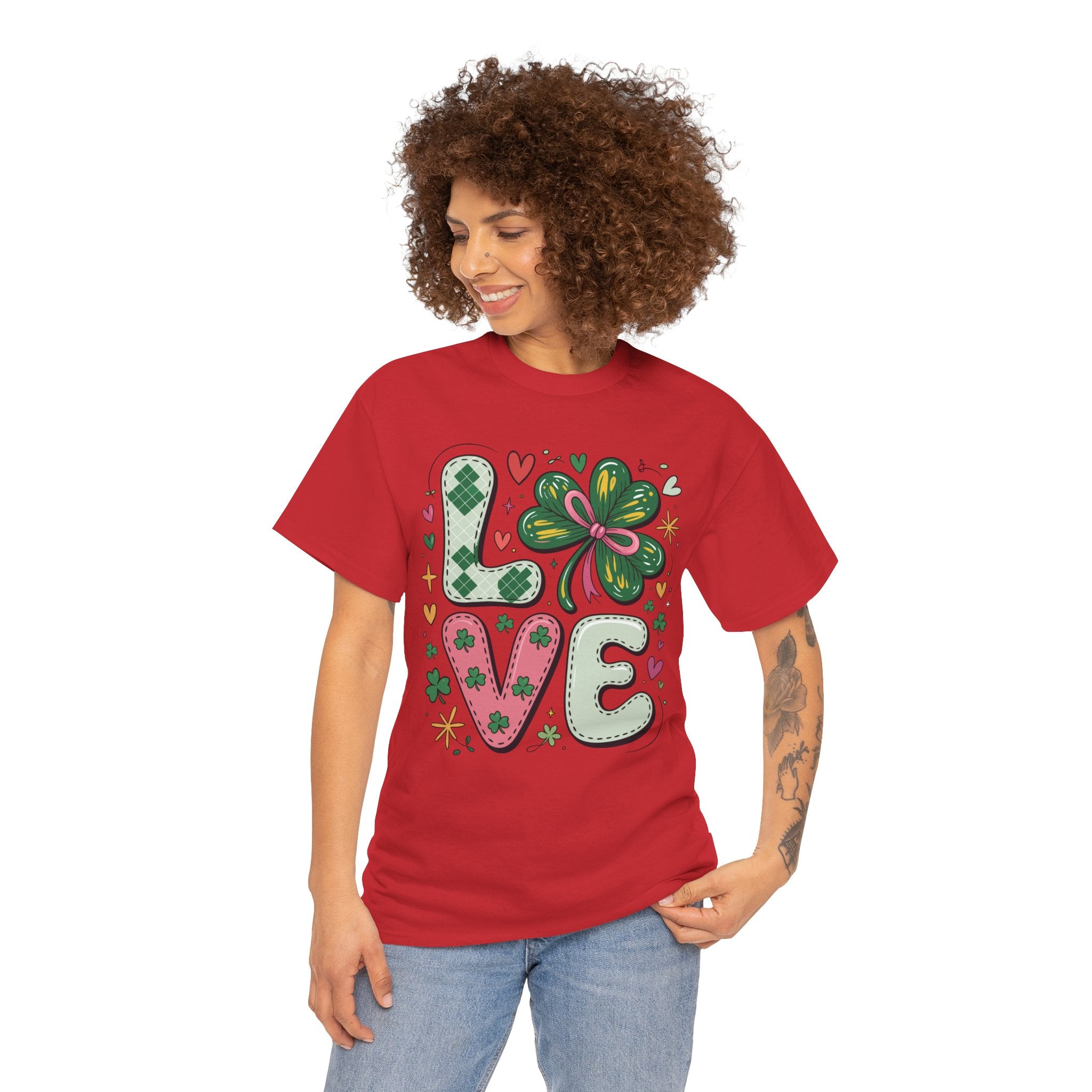 Stitched Clover 'LOVE' Tee — Heart & Patchwork St. Patrick's Unisex Cotton T-Shirt
