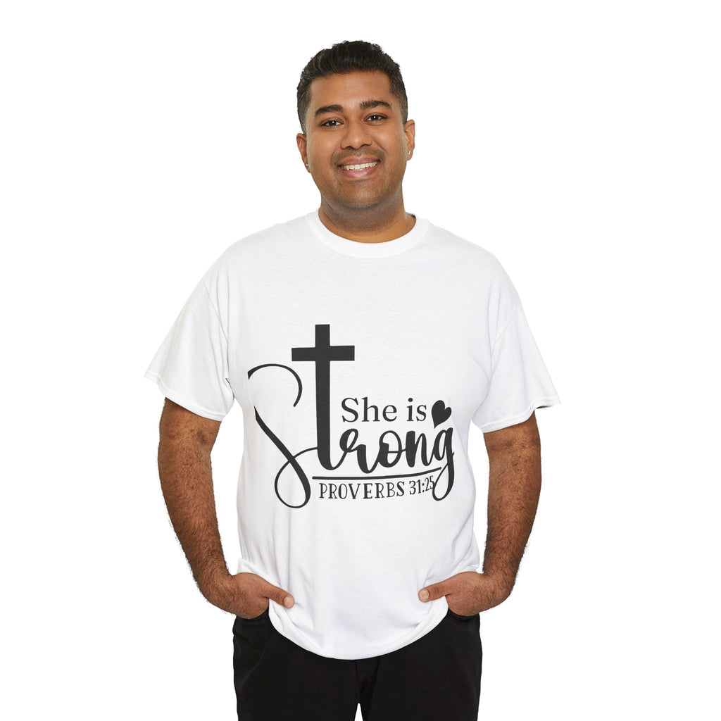 Proverbs 31:25 'She is Strong' T-Shirt – Christian Cross & Heart Unisex Cotton Tee