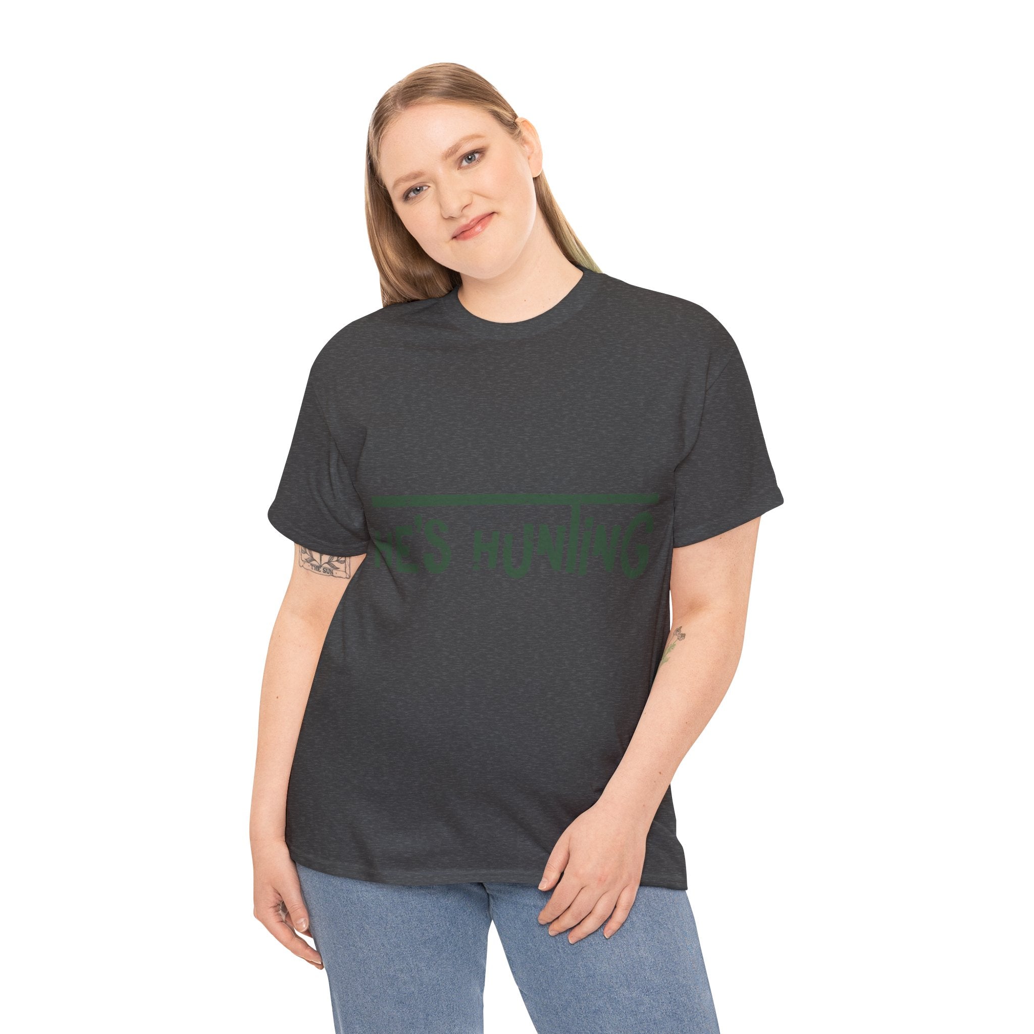 He’s Hunting Distressed Tee — Minimalist Tan Hunting Unisex Cotton Tshirt