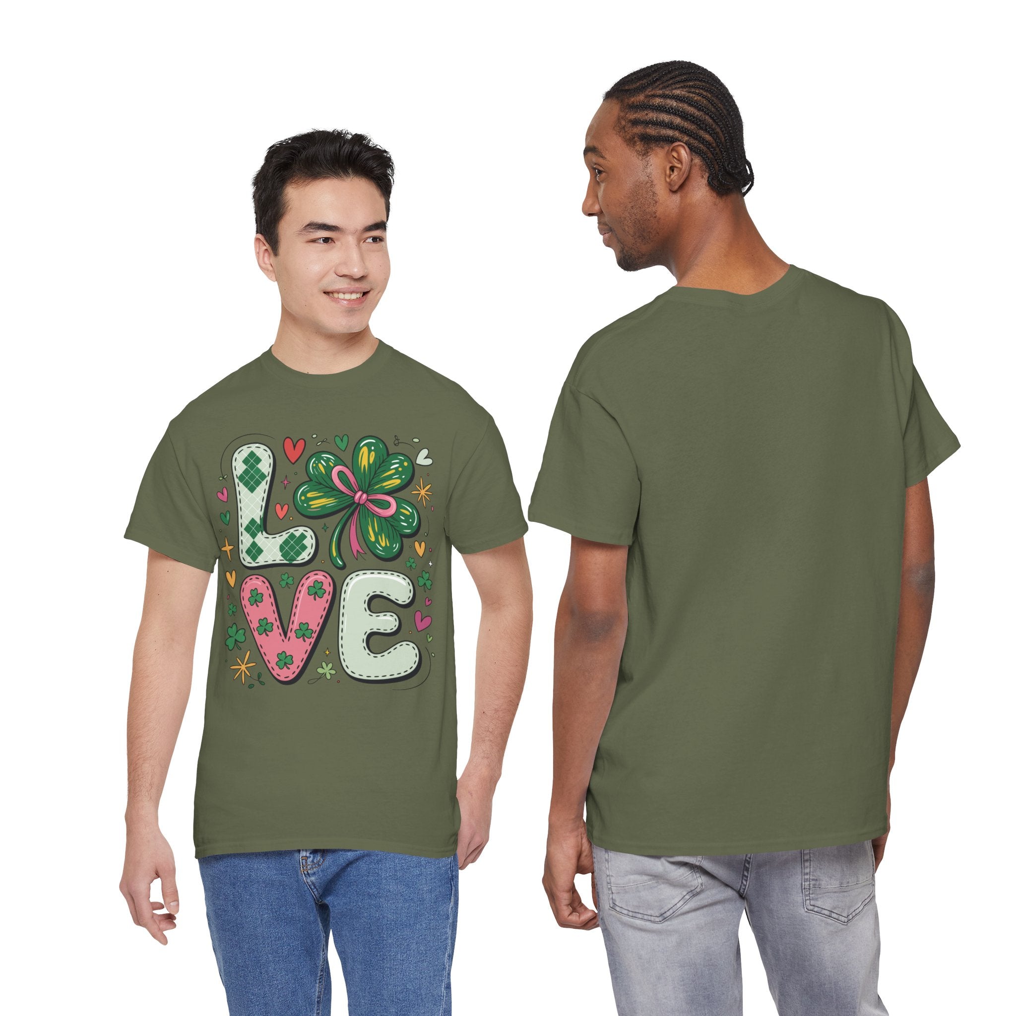 Stitched Clover 'LOVE' Tee — Heart & Patchwork St. Patrick's Unisex Cotton T-Shirt