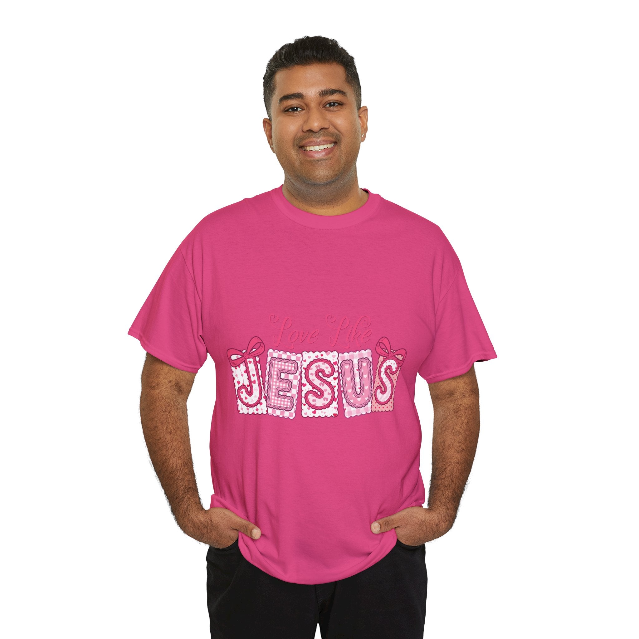 Love Like Jesus Patchwork Tee — Pink Stitched Heart Graphic.Unisex Cotton Tee