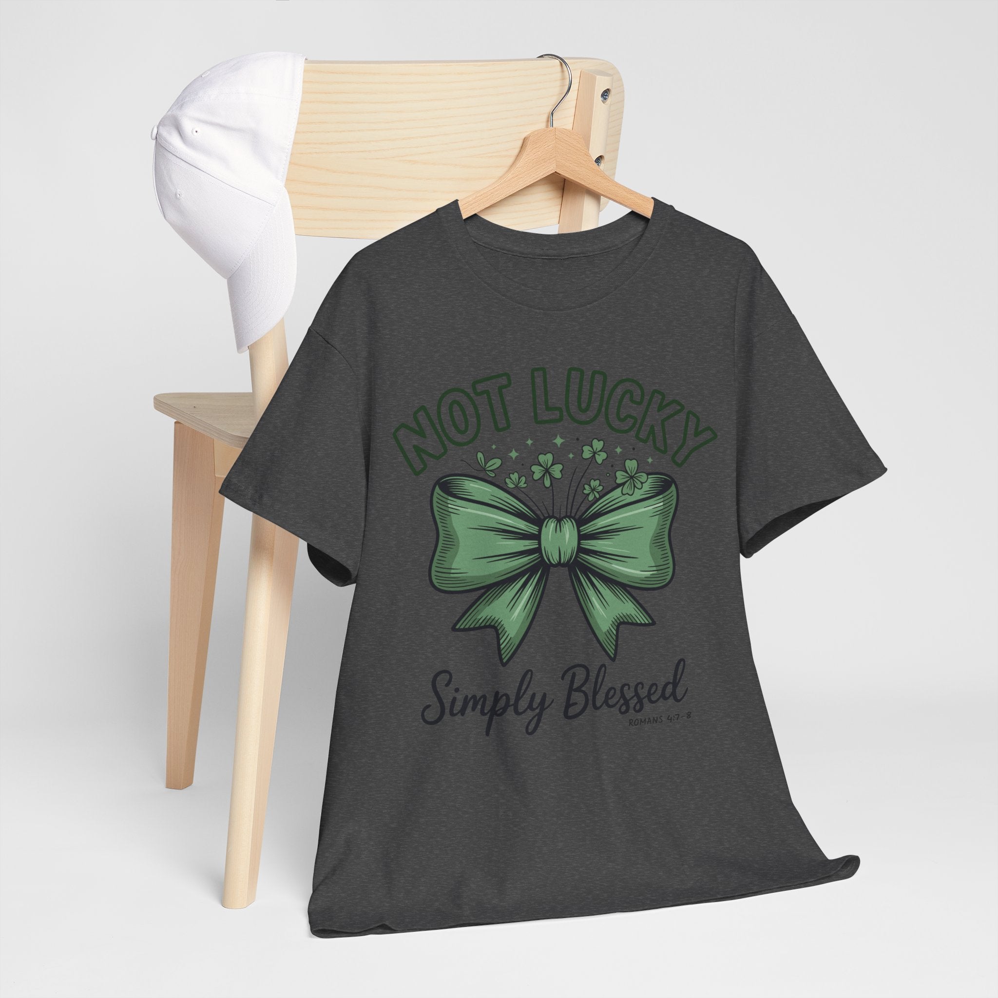 Not Lucky, Simply Blessed T-Shirt — Green Bow & Clovers St. Patrick’s Unisex Cotton Tee