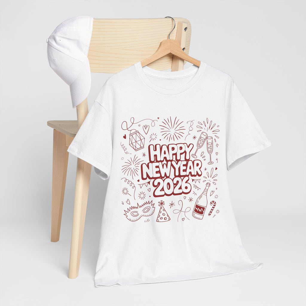 Happy New Year 2026 Doodle T-Shirt — Pink Party Icons & Champagne Unisex Cotton Tee