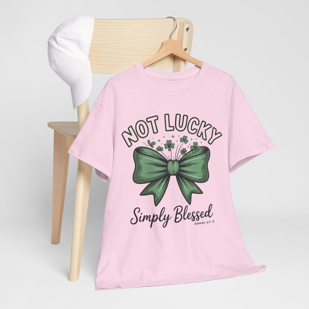 Not Lucky, Simply Blessed T-Shirt — Green Bow & Clovers St. Patrick’s Unisex Cotton Tee