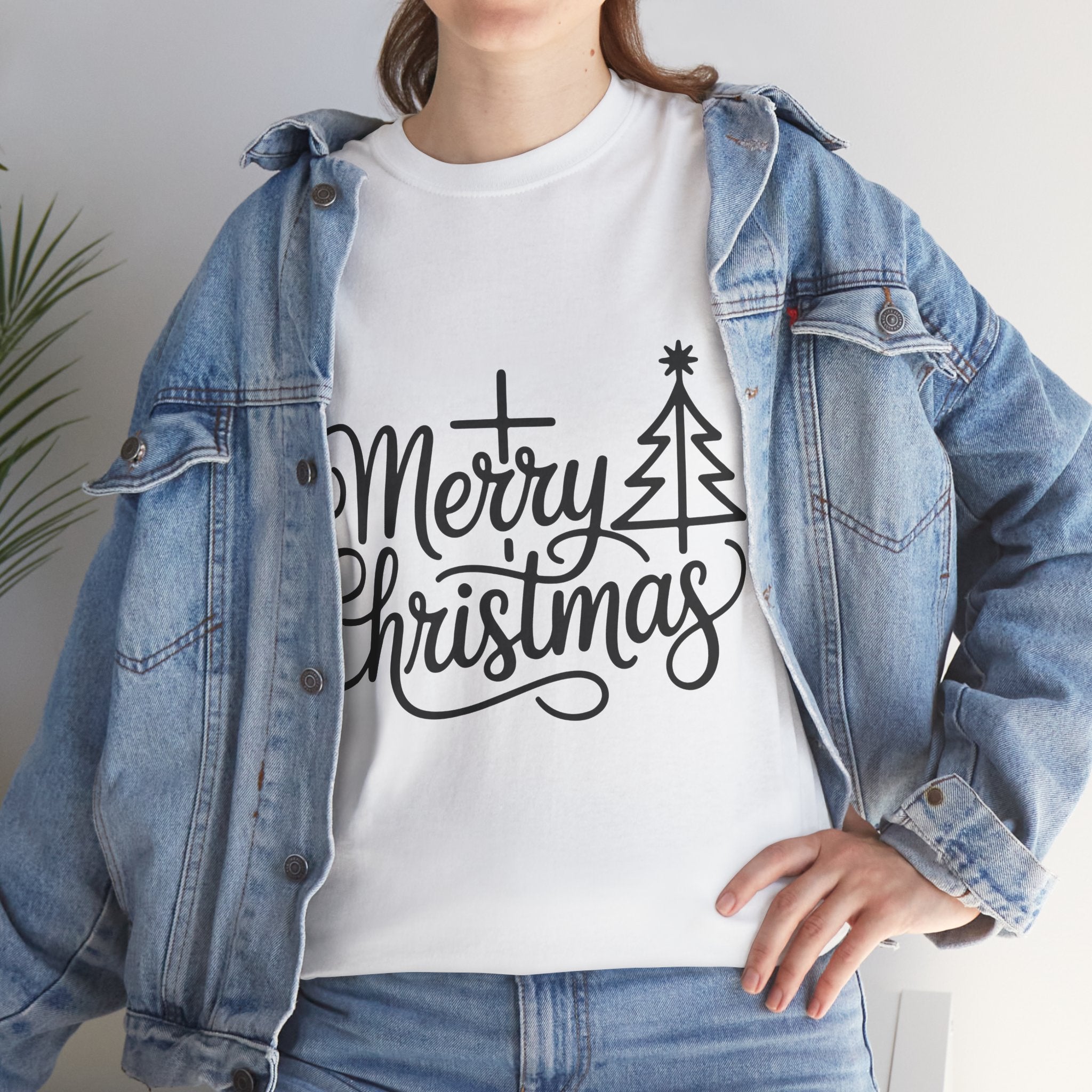 Merry Christmas Script T-Shirt with Cross & Tree(Unisex Cotton Tee)