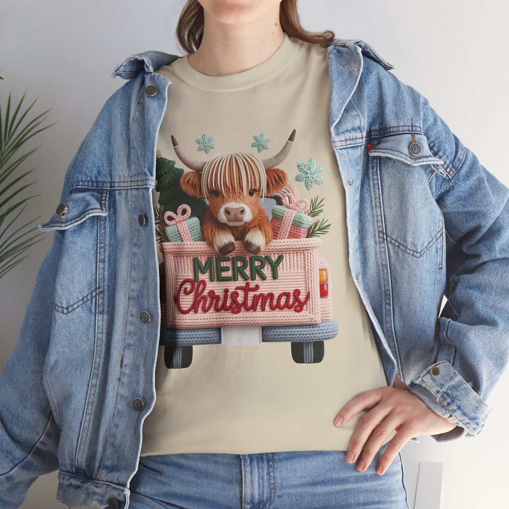 Merry Christmas Highland Cow Knit Truck Unisex Cotton T-Shirt