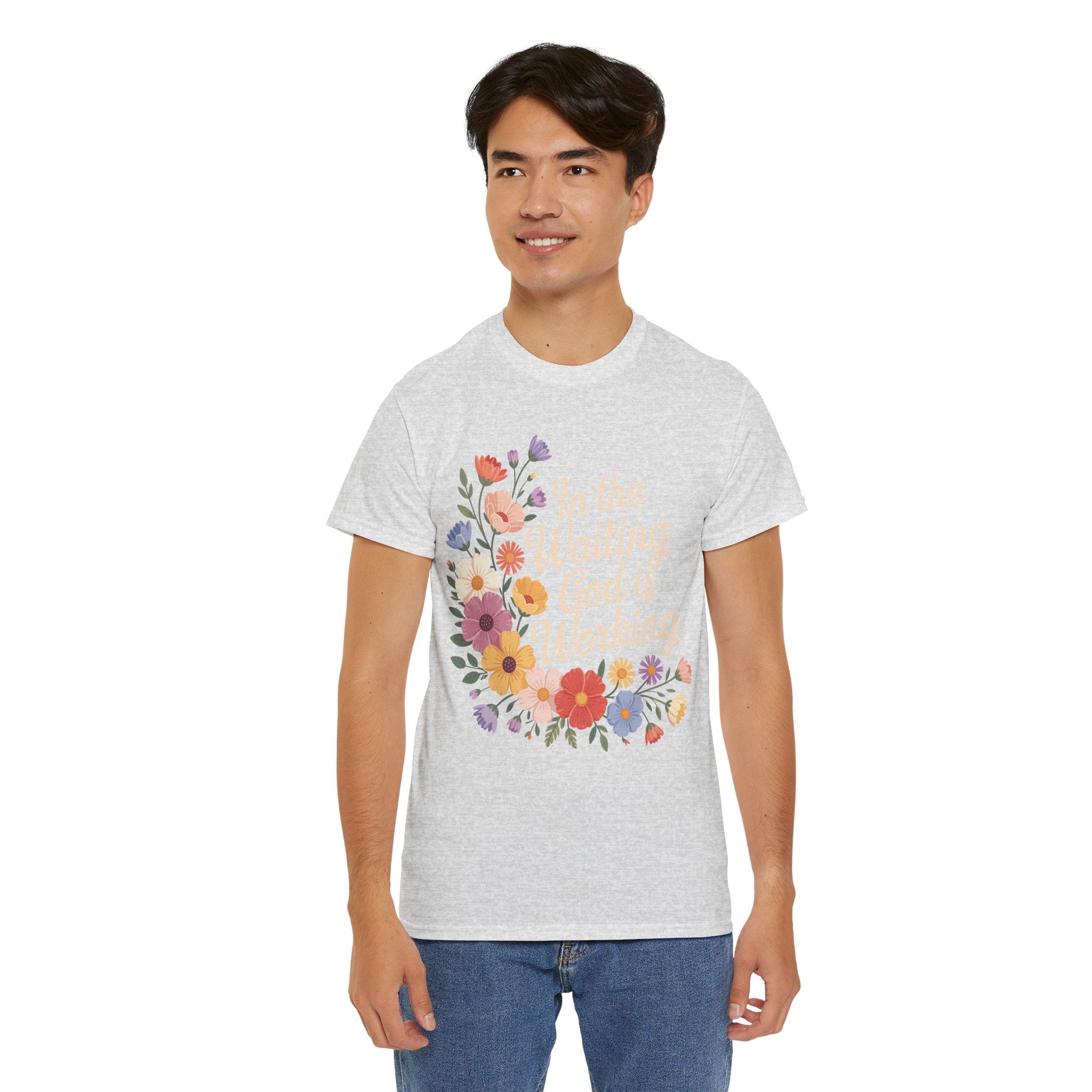 Pastel Floral “In the Waiting God Is Working” Unisex Cotton T-Shirt