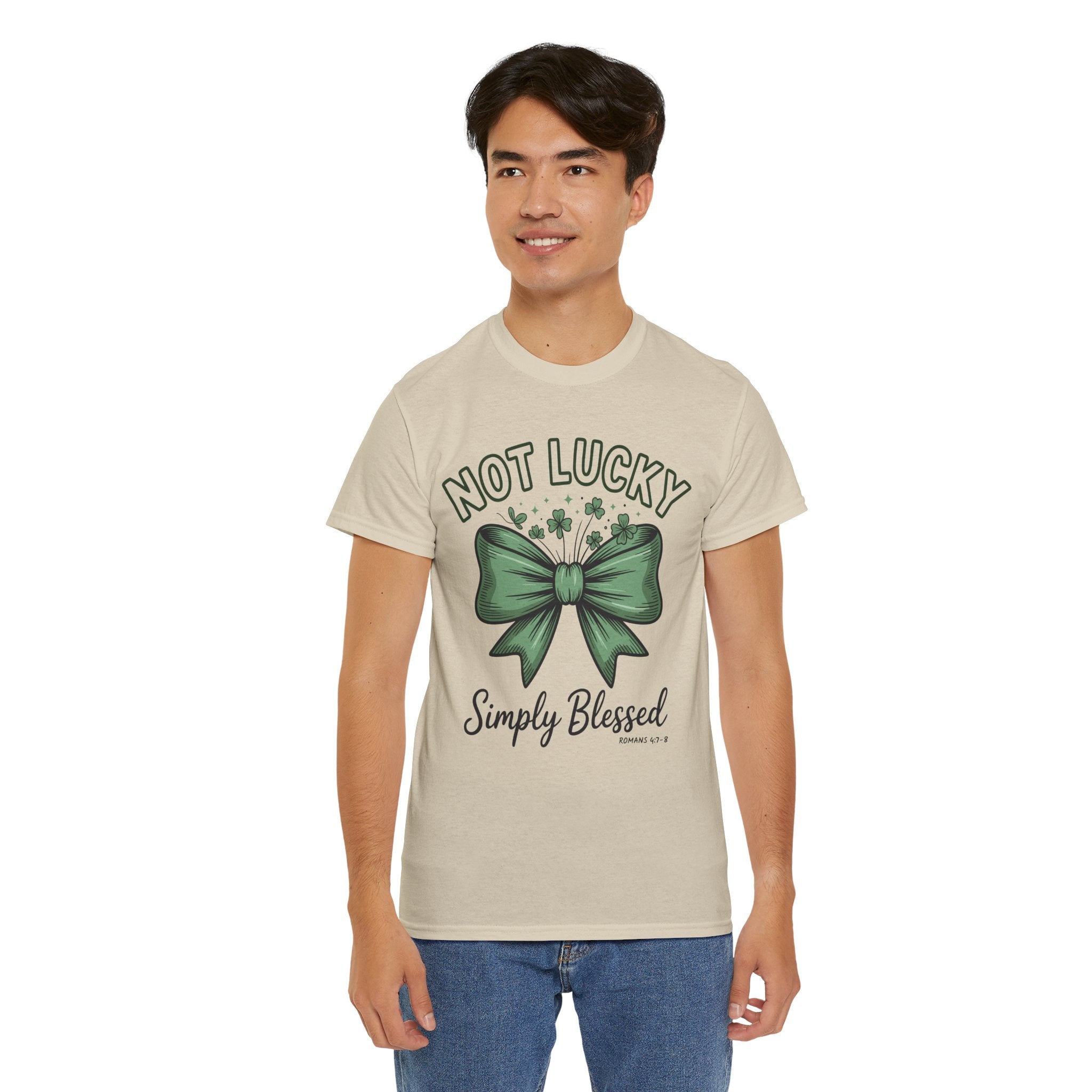 Not Lucky, Simply Blessed T-Shirt — Green Bow & Clovers St. Patrick’s Unisex Cotton Tee