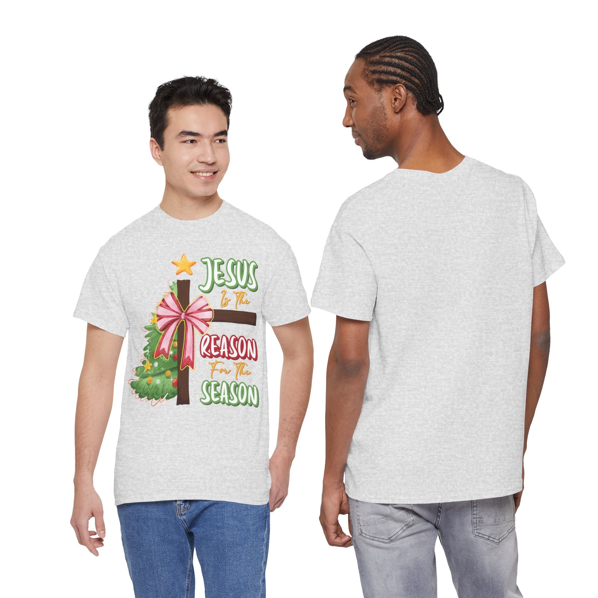 Jesus Is the Reason for the Season Christmas Tee — Cross with Pink Bow & Tree. Unisex Cotton Tee