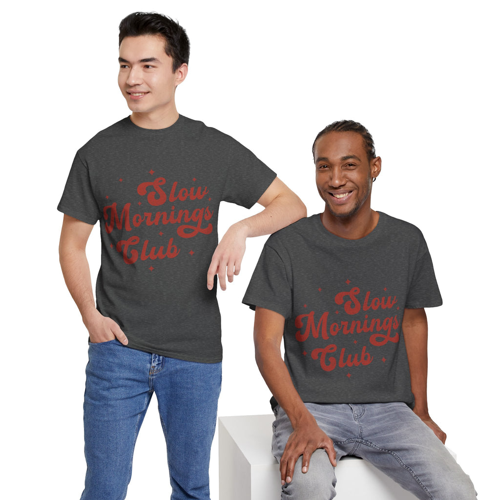 Slow Mornings Club T-Shirt — Retro Red Sparkle Unisex Cotton Tee