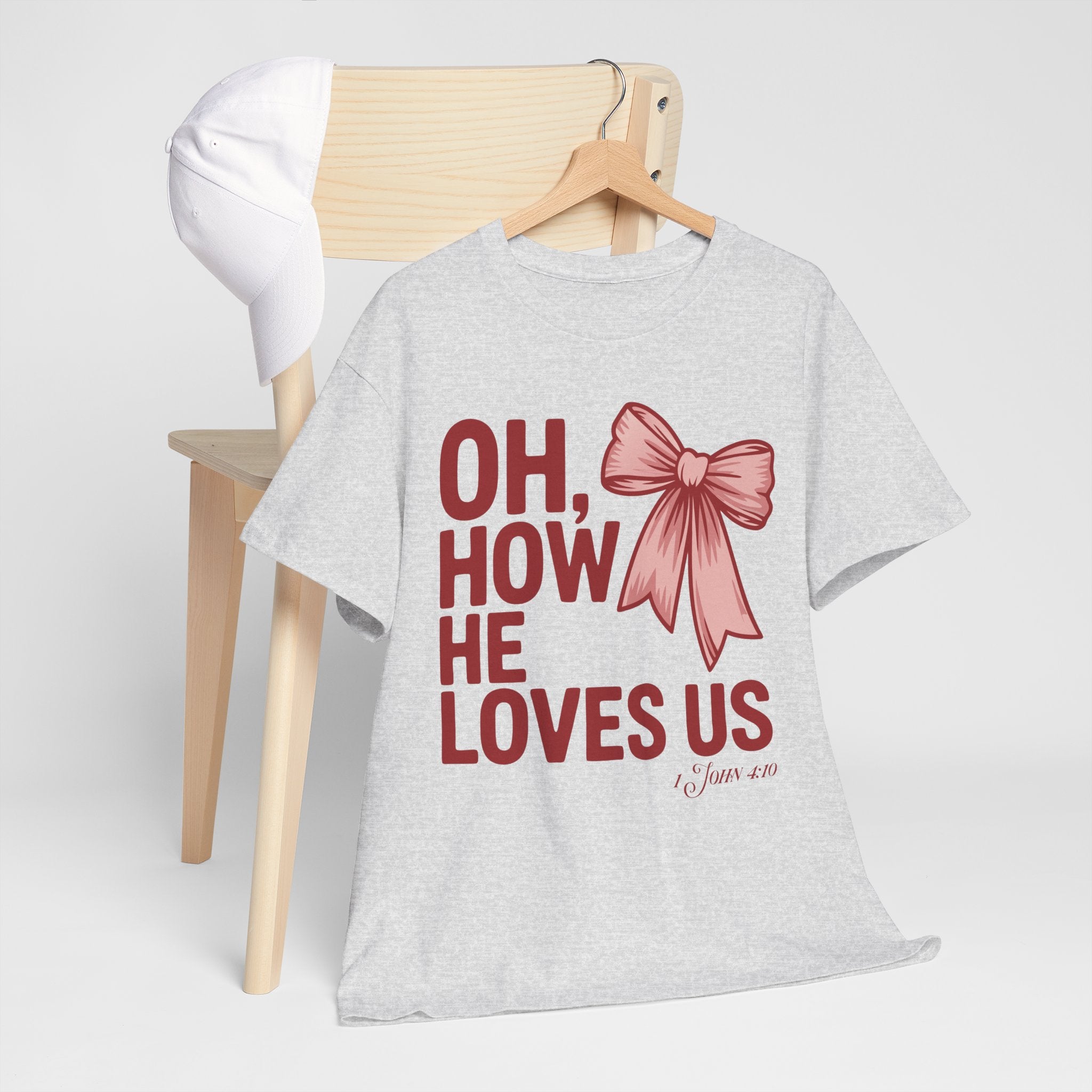 Oh, How He Loves Us Christian Valentine Tee — 1 John 4:10 Red & Pink Unisex Cotton Tee
