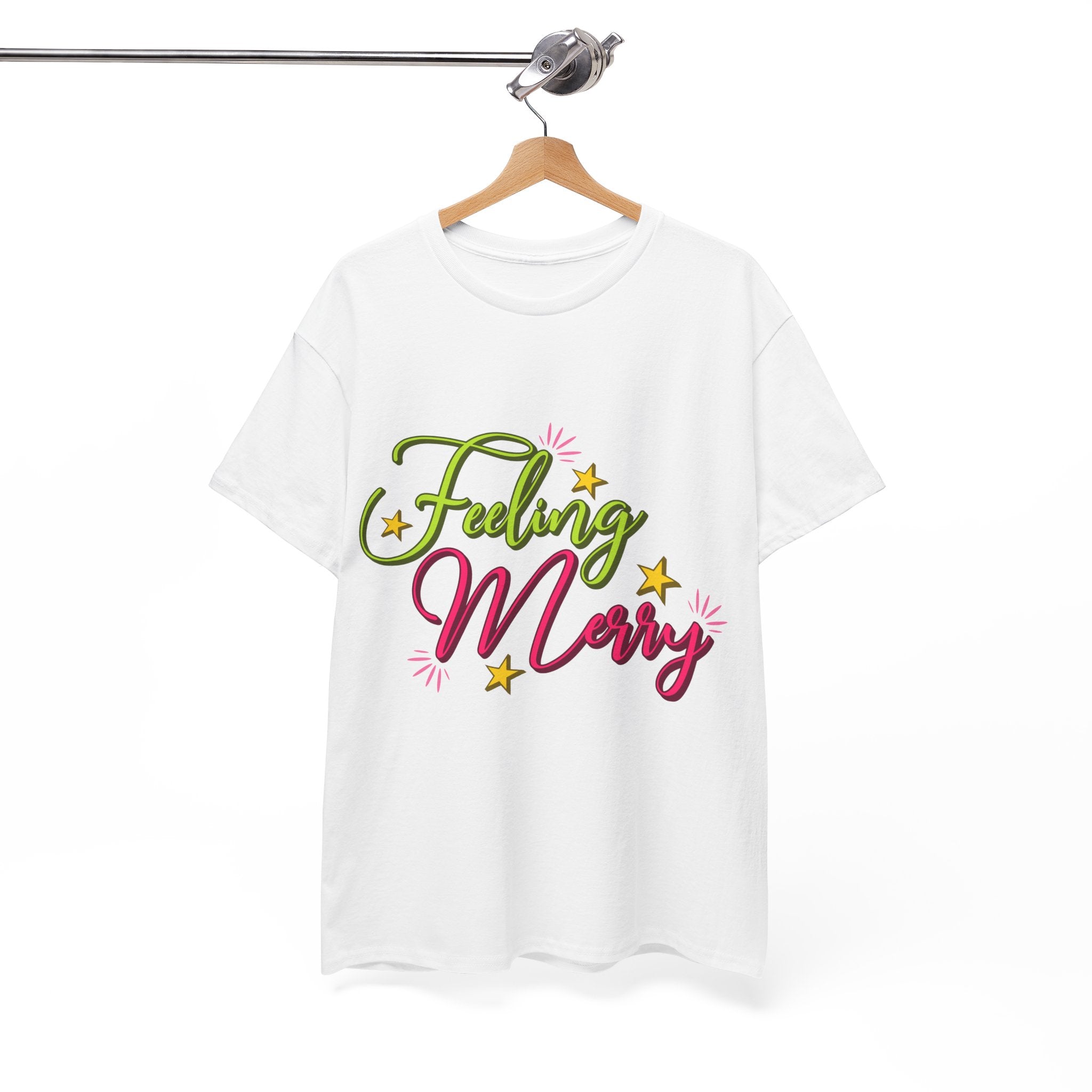 Feeling Merry T-Shirt — Bright Green & Pink Holiday Tee with Stars.Unisex Cotton Tee