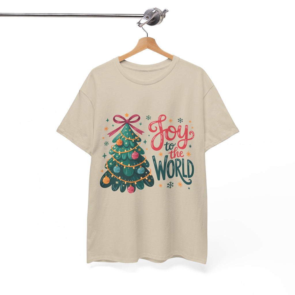 Joy to the World Christmas Tee — Festive Tree with Pink Bow..Unisex Cotton Tee