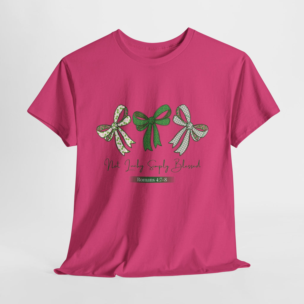 Not Lucky Simply Blessed Tee — Romans 4:7-8 Green Bow Christian Unisex Cotton T-Shirt