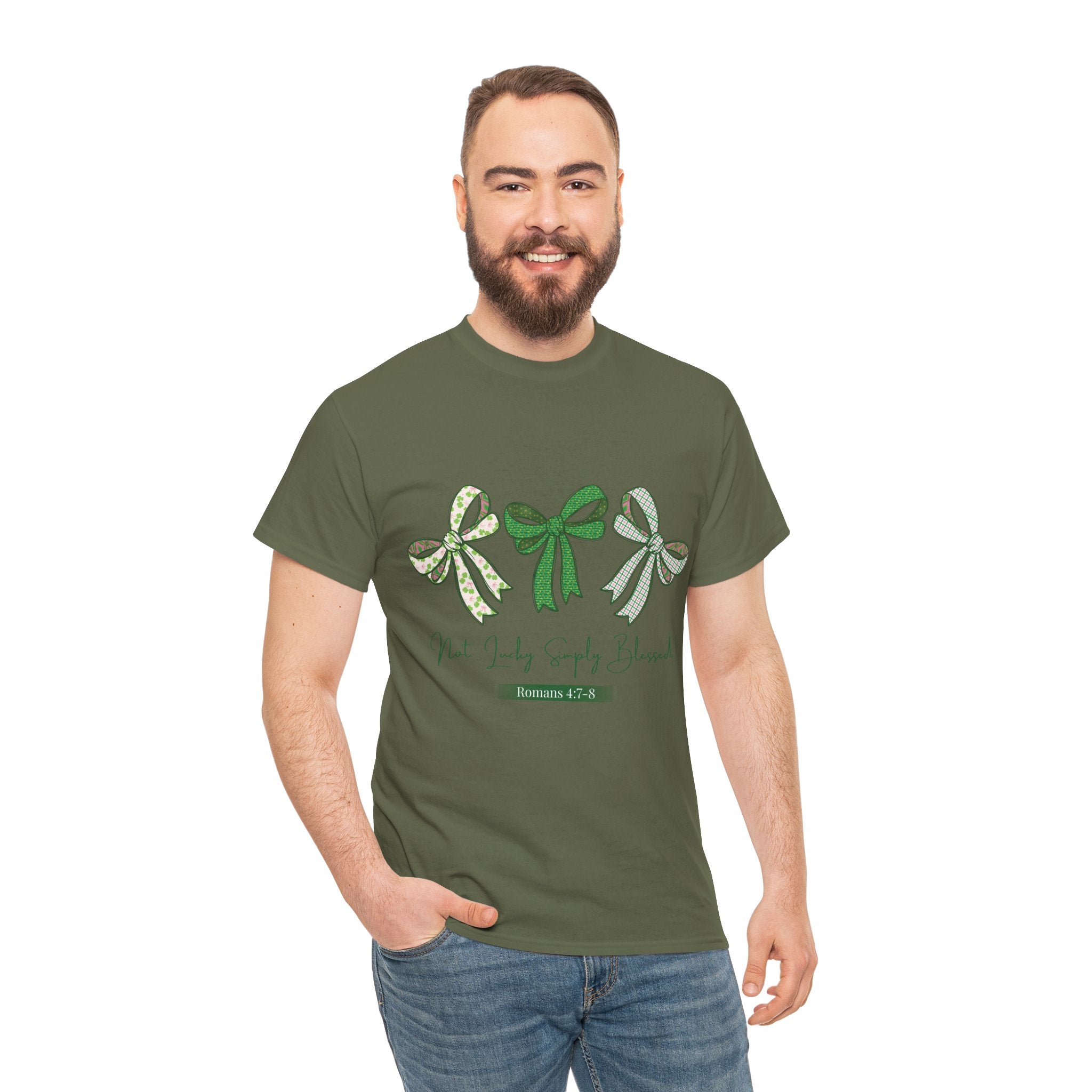 Not Lucky Simply Blessed Tee — Romans 4:7-8 Green Bow Christian Unisex Cotton T-Shirt