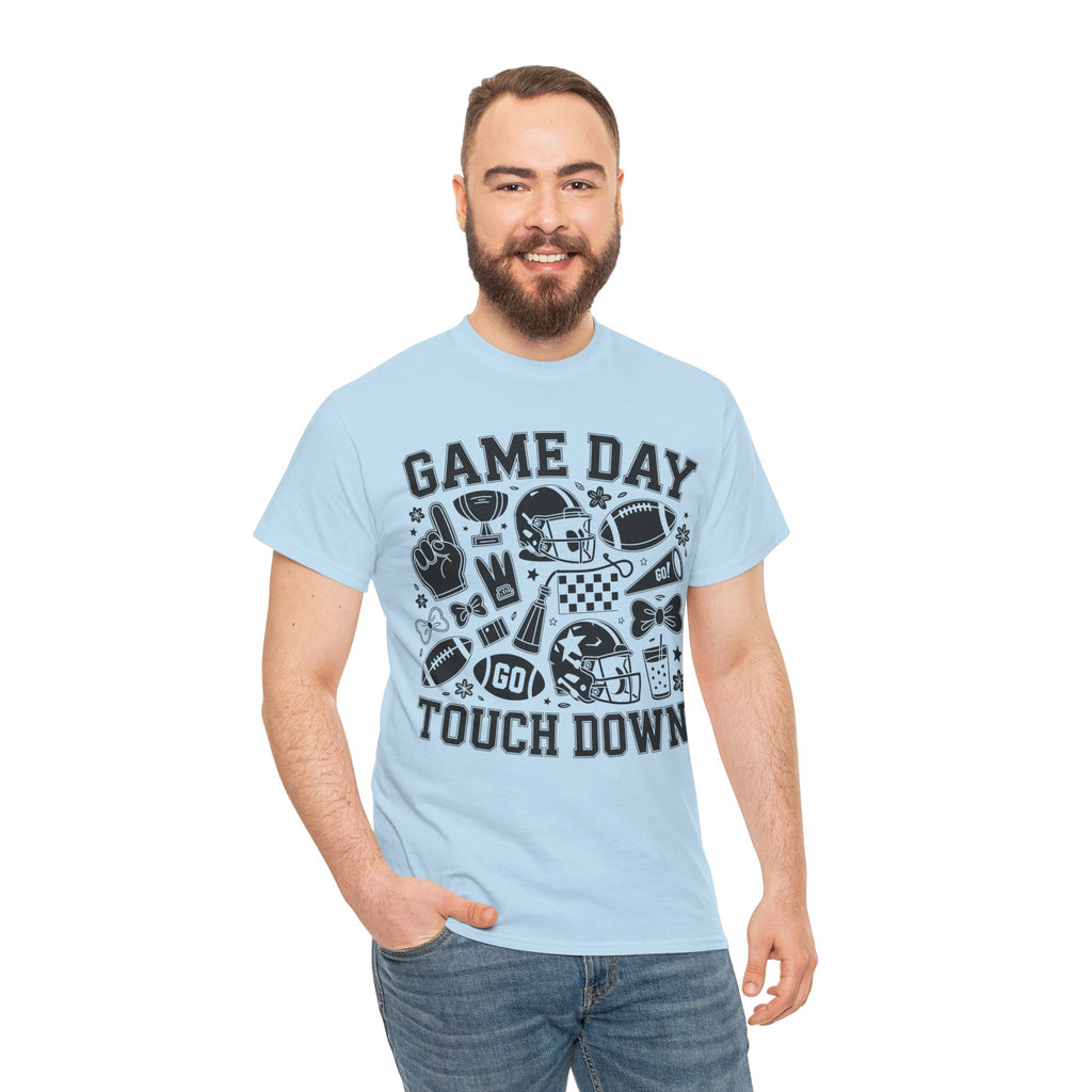 Game Day Touch Down Football T‑Shirt — Helmet & Cheer Monochrome Design Unisex Cotton Tee