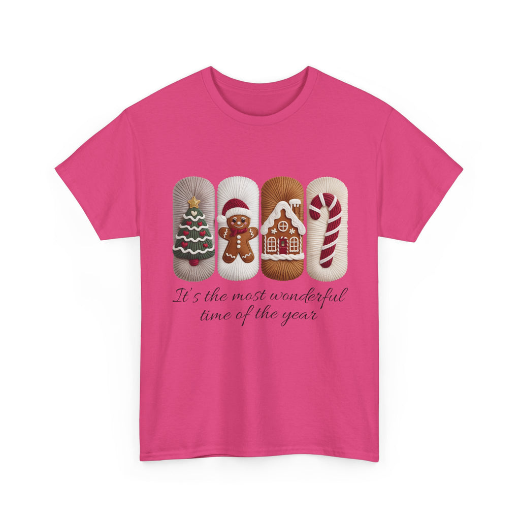 Christmas Faux-Yarn Tree Tee — Gingerbread House & Candy Cane Holiday Unisex Cotton T-Shirt