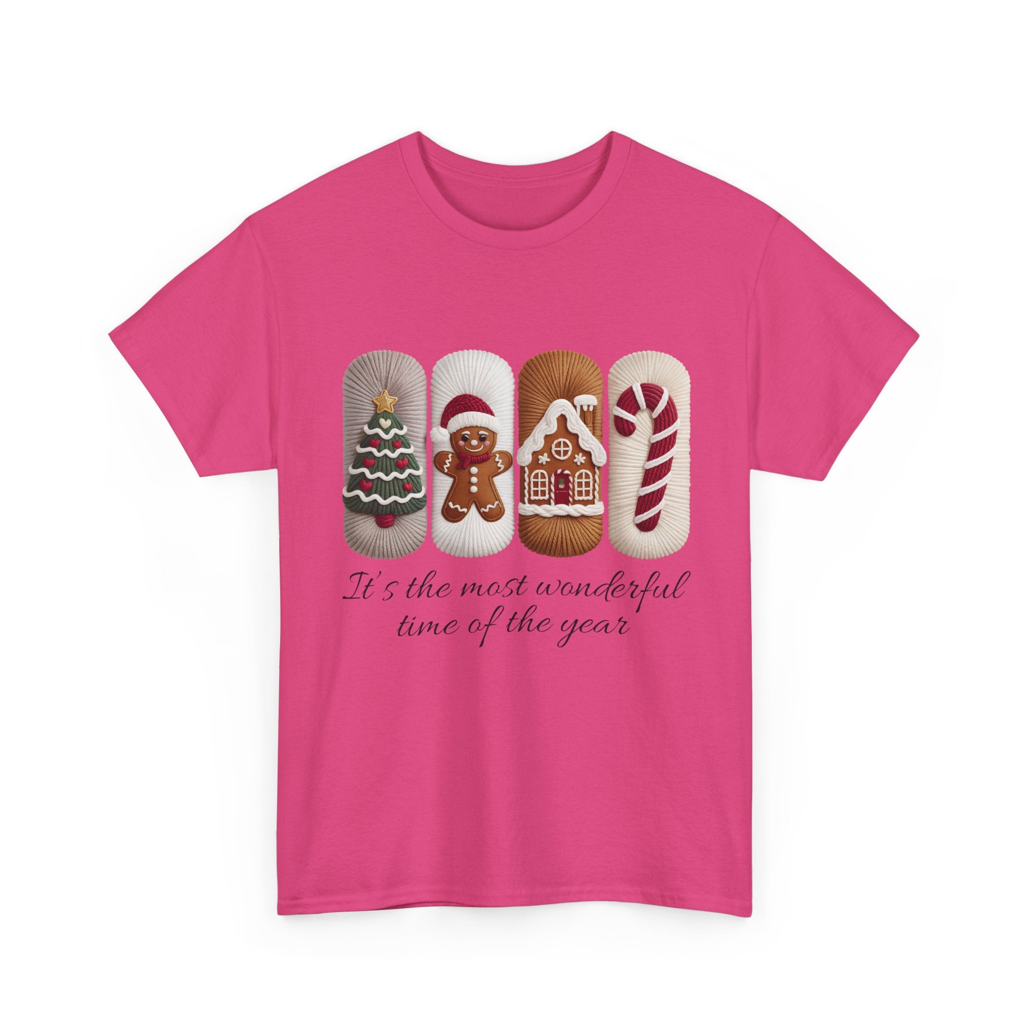 Christmas Faux-Yarn Tree Tee — Gingerbread House & Candy Cane Holiday Unisex Cotton T-Shirt