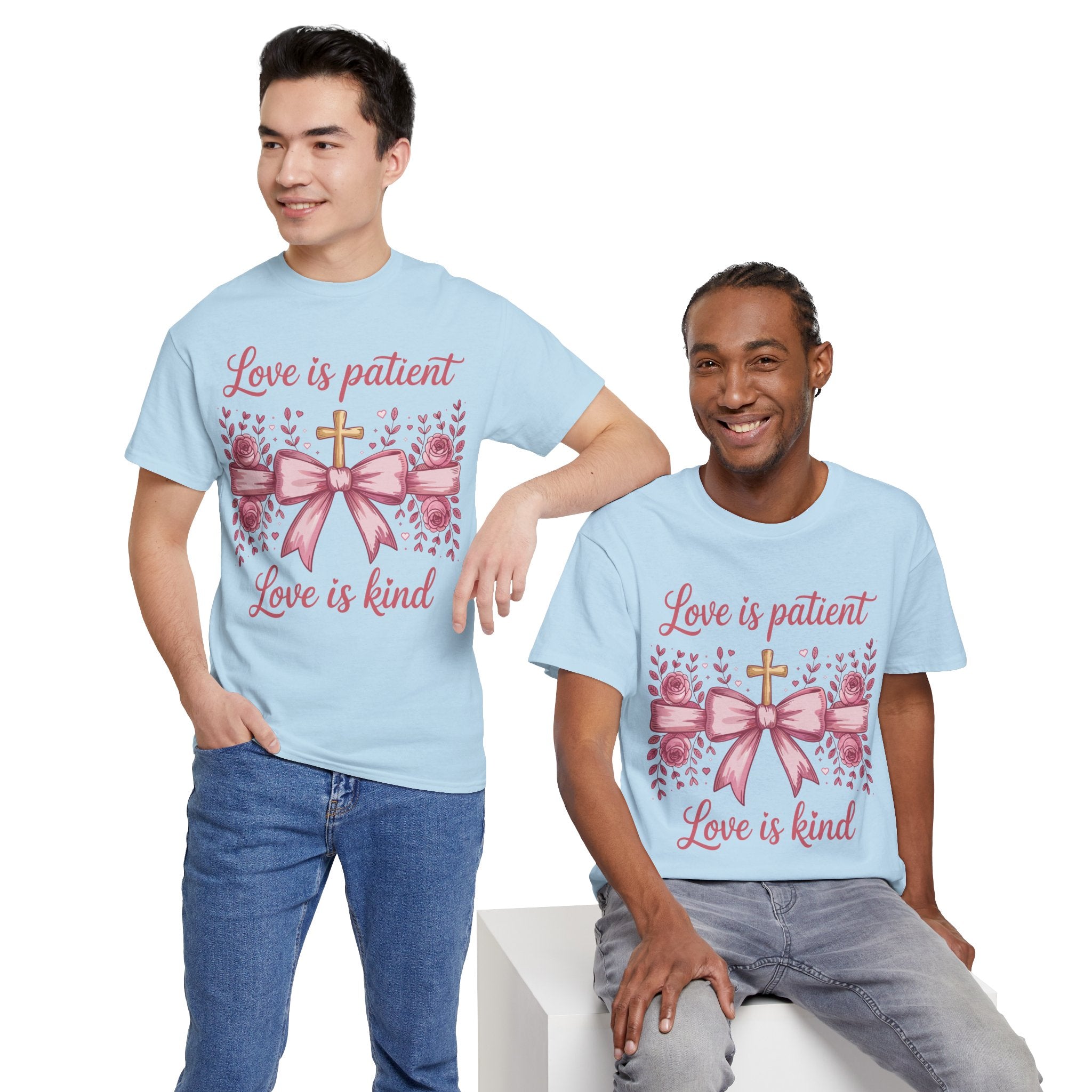 Christian Floral Tee — "Love is Patient, Love is Kind" Pink Rose Cross. Unisex Cotton Tee