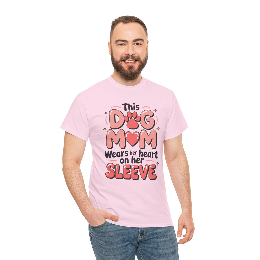 Dog Mom T-Shirt — "This Dog Mom Wears Her Heart on Her Sleeve" Paw & Heart Unisex Cotton Tee