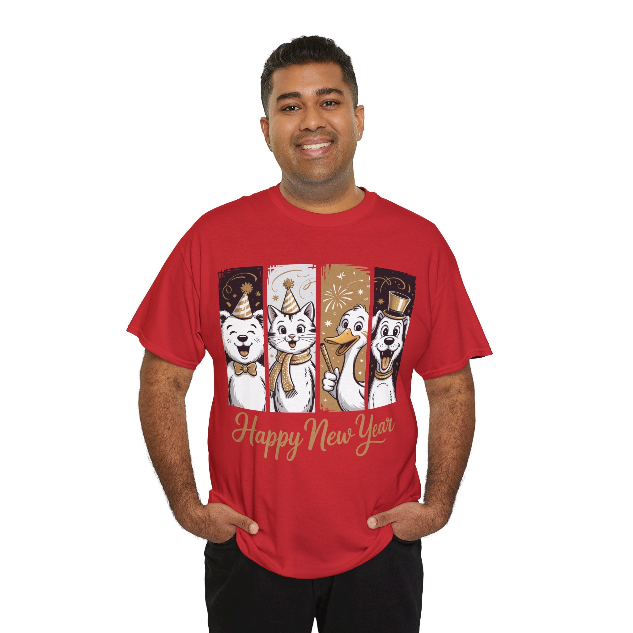 Happy New Year Party Animals T-Shirt — Cute Smiling Animals in Party Hats & Gold Fireworks..Unisex Cotton Tee