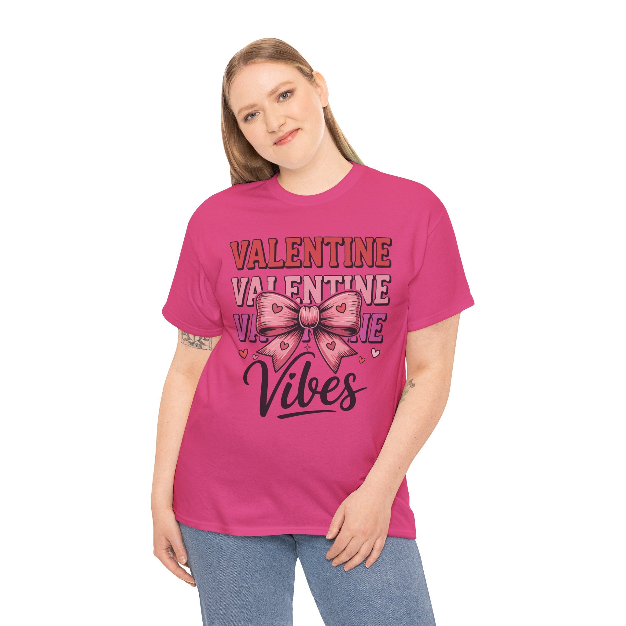 Valentine Vibes T-Shirt — Pink Bow Heart Graphic Unisex Cotton Tee
