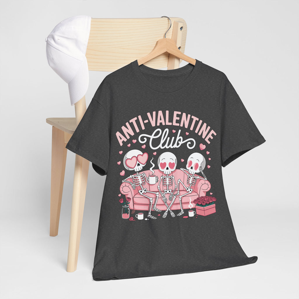 Anti-Valentine Club Skeleton Tee — Anti-Romance Pink Couch Graphic Unisex Cotton T-Shirt
