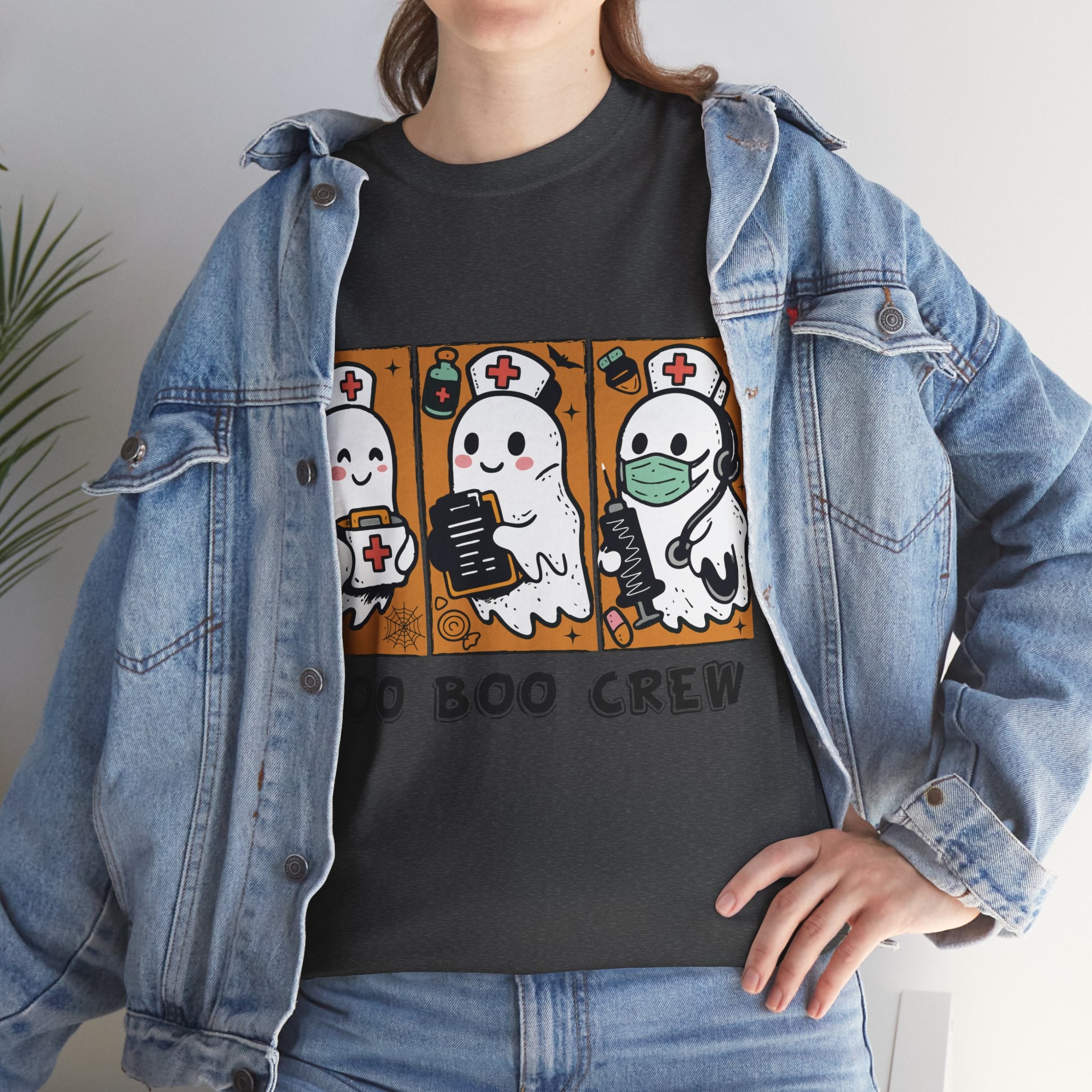 Halloween Nurse T-Shirt — Ghost Nurses Holding Medical Tools on Orange Unisec Cotton Tee