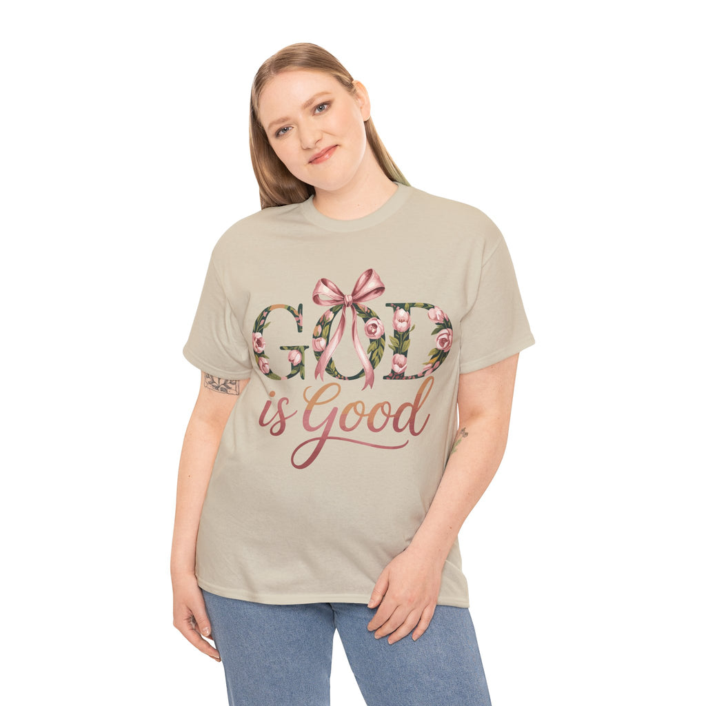 God Is Good Pink Rose Tee — Floral Ribbon Faith Unisex Cotton T-Shirt