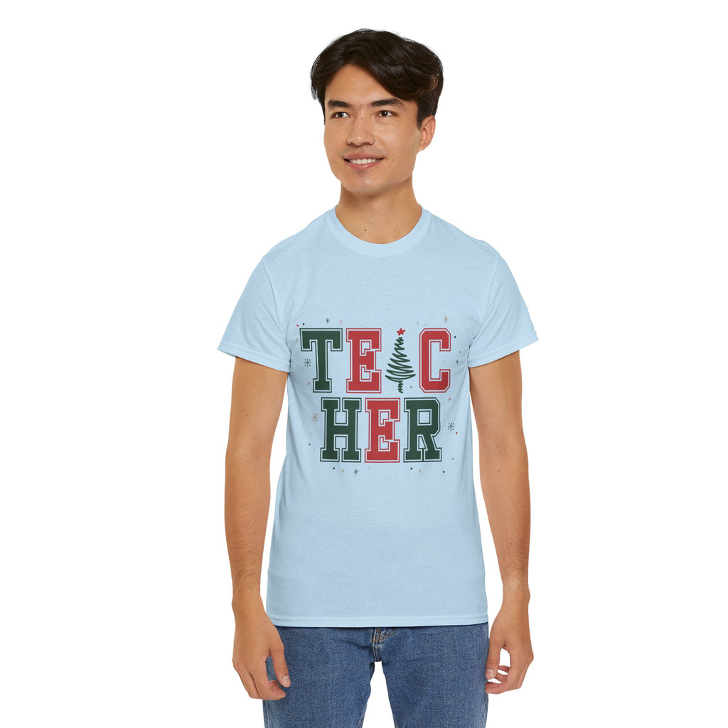 Teacher Christmas Varsity T-Shirt — Red & Green Holiday Unisex Cotton Tee