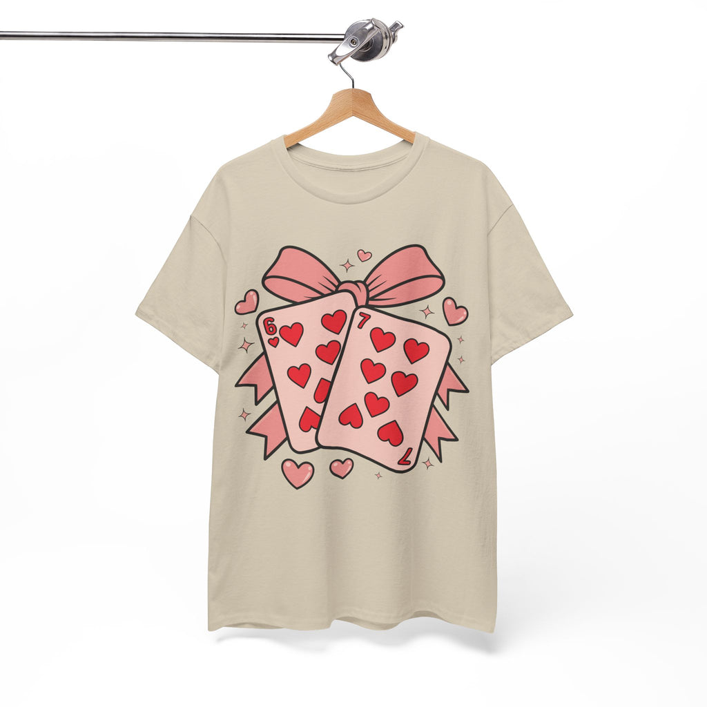 6 & 7 of Hearts T-Shirt — Paired Playing Cards with Pink Bow Unisex Cotton Tee