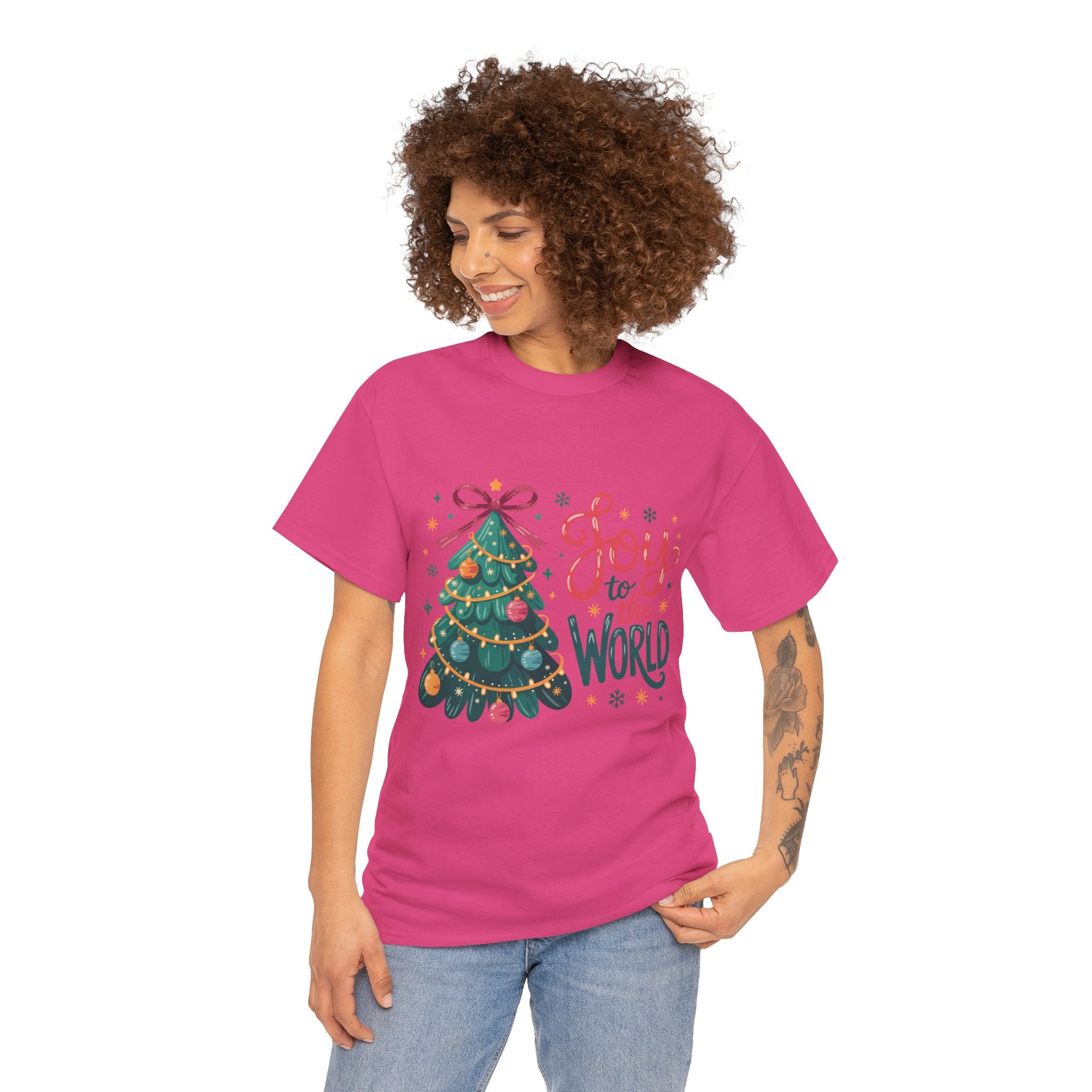 Joy to the World Christmas Tee — Festive Tree with Pink Bow..Unisex Cotton Tee