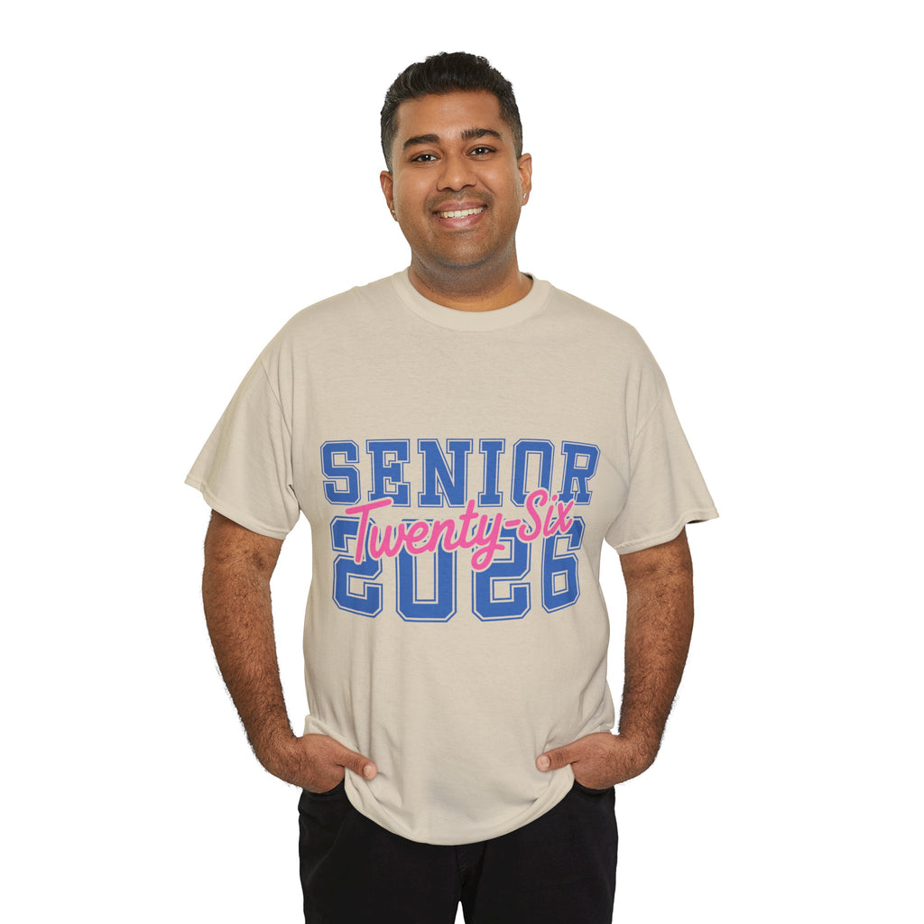 Senior 2026 Tee — Pink Varsity Block with Blue Script Overlay Unisex Cotton Tee