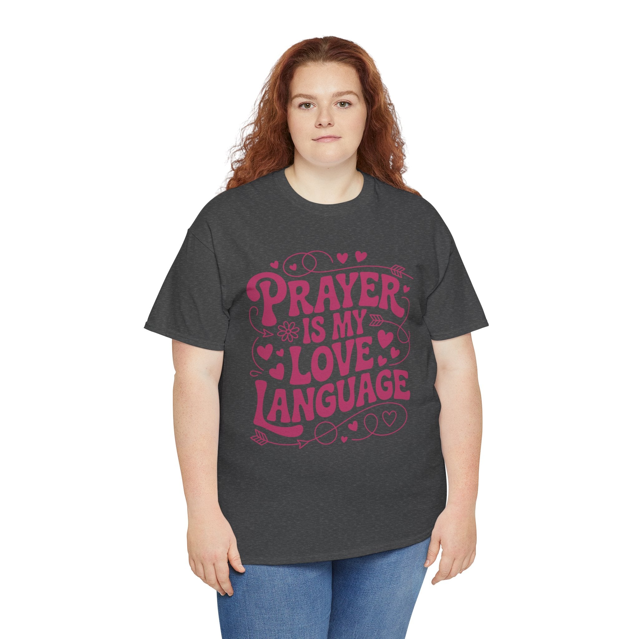 Prayer Is My Love Language Christian Tee — Pastel Pink Hearts Unisex Cotton Tee