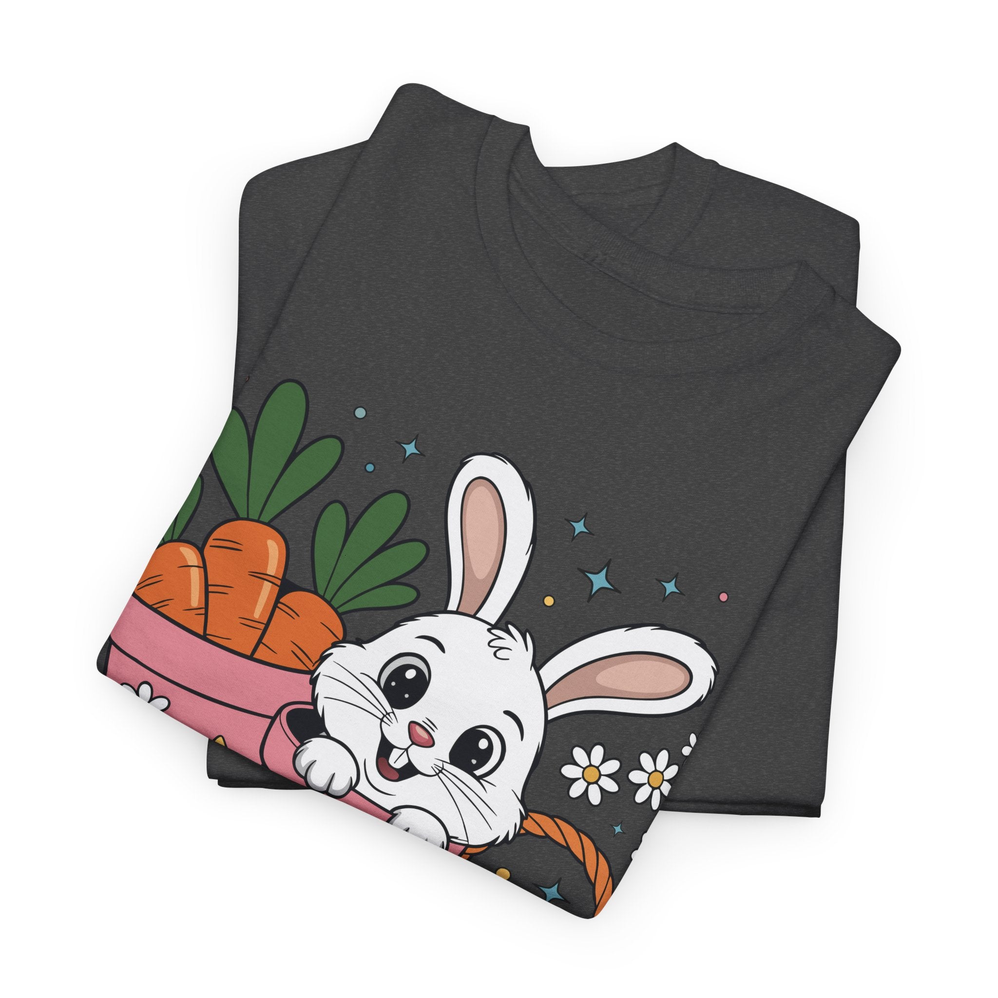 Easter Bunny in Pink Rain Boots T-Shirt — Cartoon Bunny, Carrots & Colorful Eggs Unisex Cotton Tee