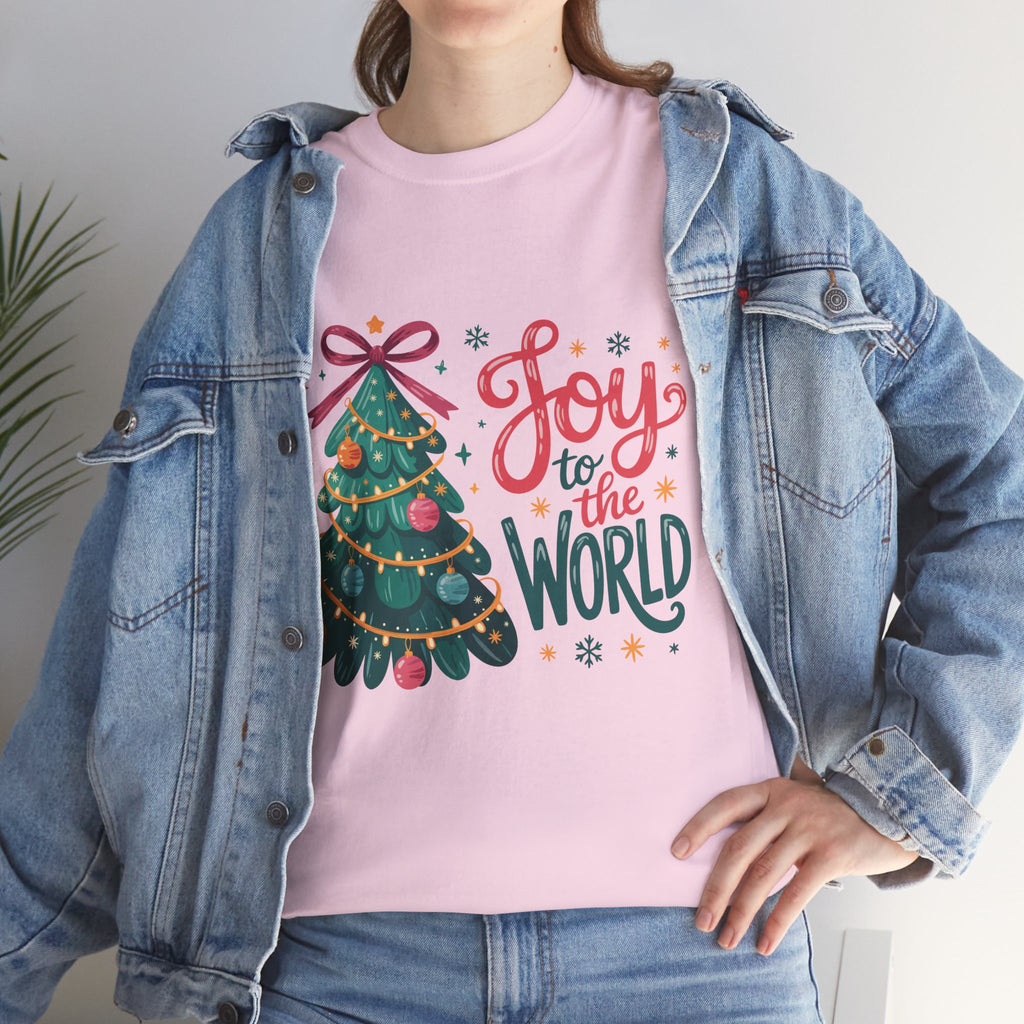 Joy to the World Christmas Tee — Festive Tree with Pink Bow..Unisex Cotton Tee