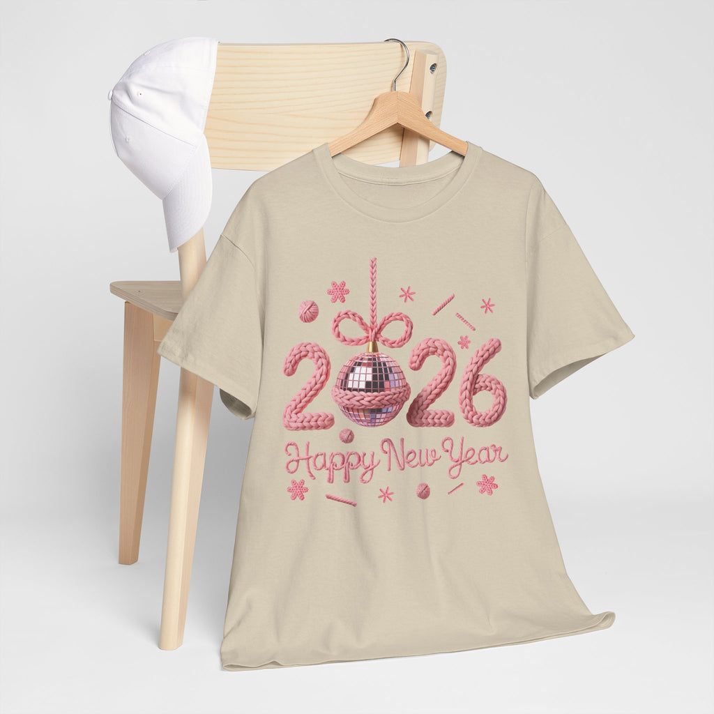2026 Happy New Year Pink Knitted Disco Ball Unisex Cotton Tee