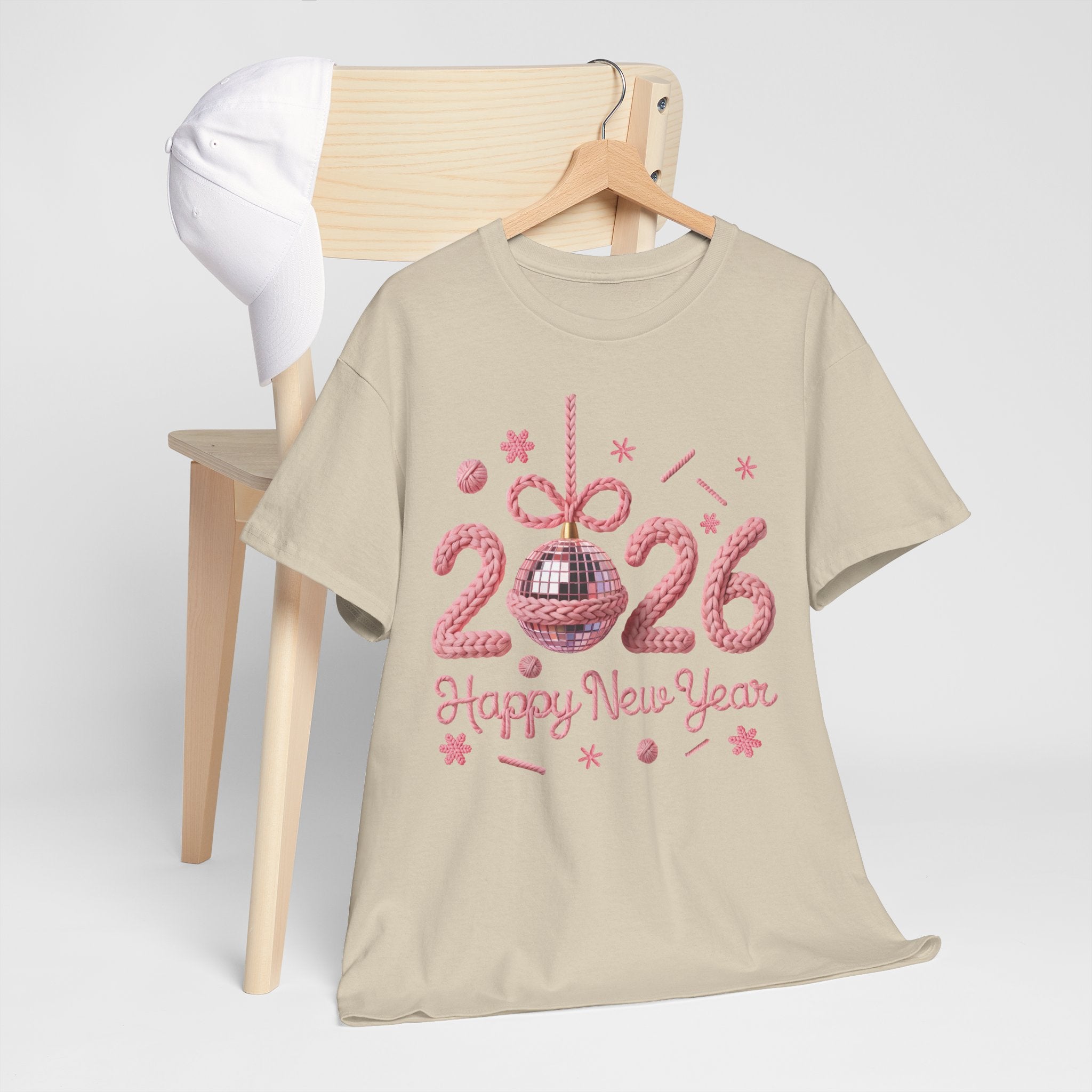 2026 Happy New Year Pink Knitted Disco Ball Unisex Cotton Tee