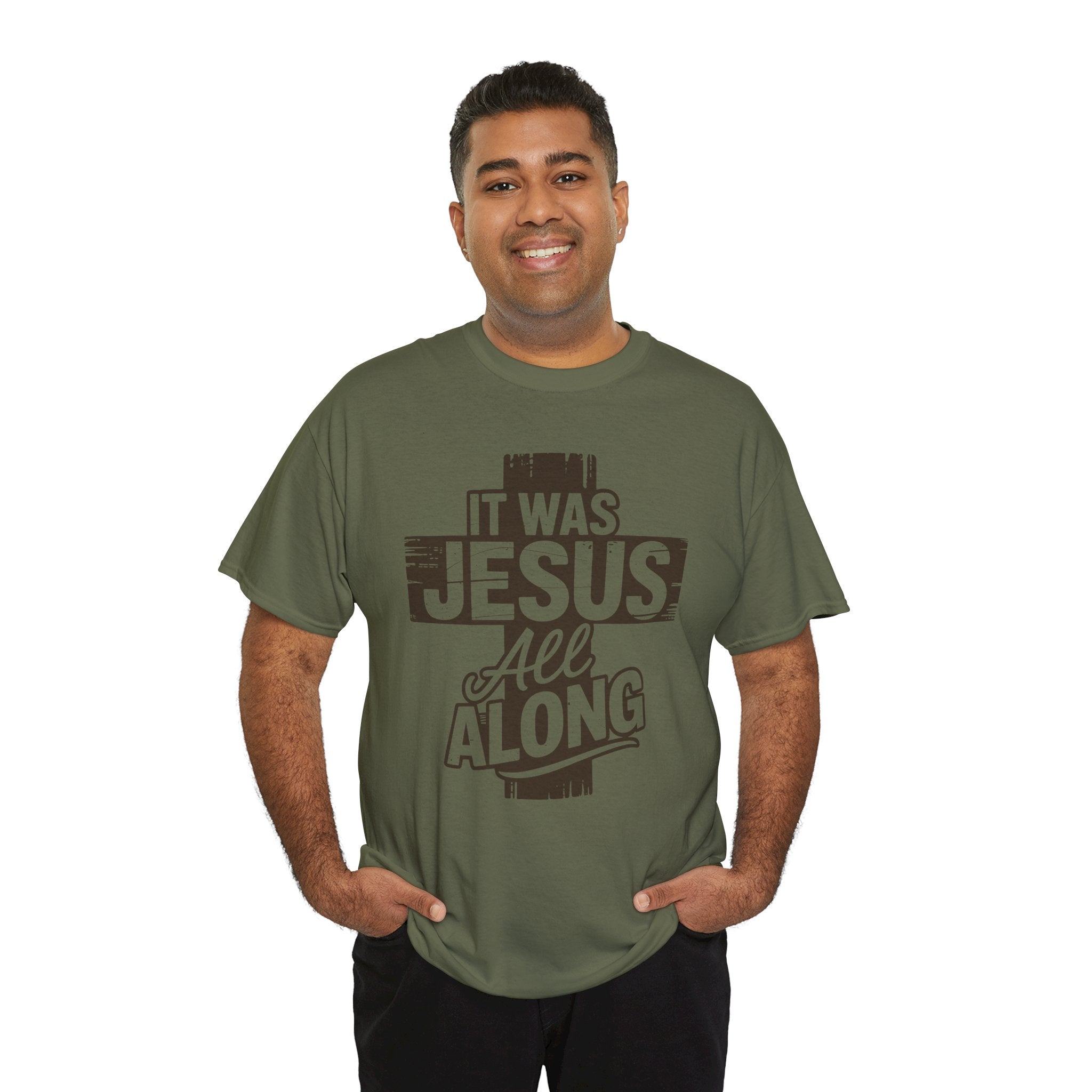 It Was Jesus All Along T-Shirt — Rustic Brown Cross Christian Unisex Cotton Tee