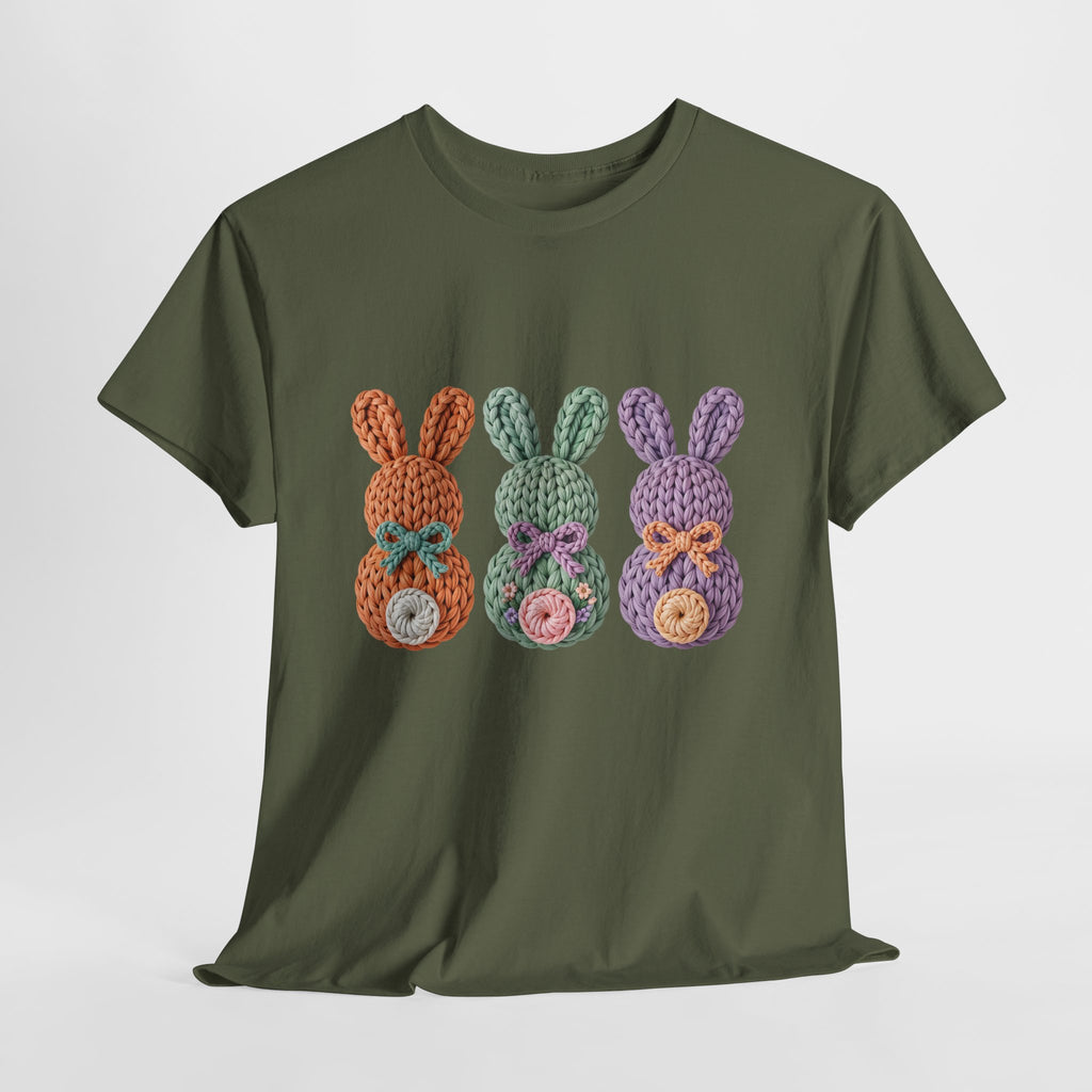 Pastel Crochet Bunny Tee — Trio of Faux Knit Bunnies with Bows & Flowers Unisex Cotton Tee