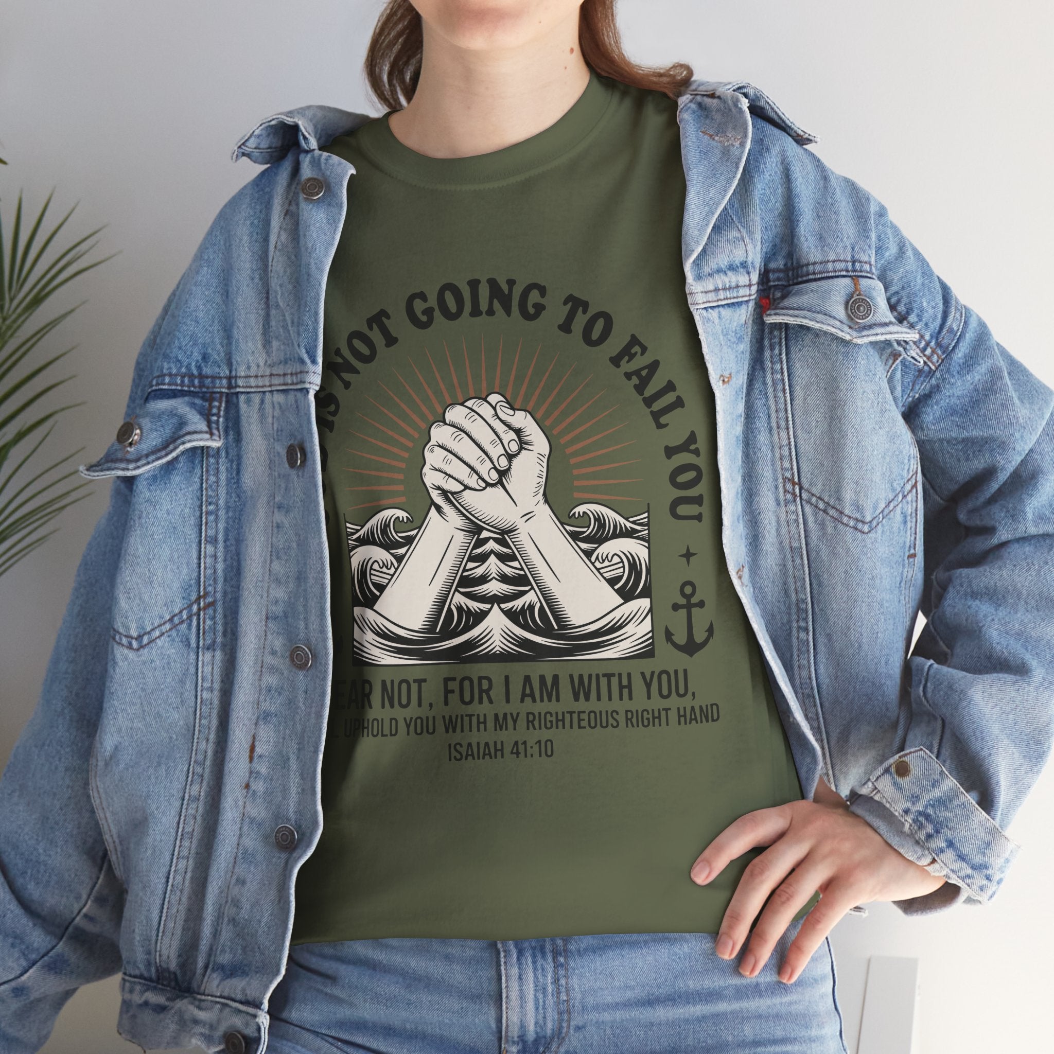 Isaiah 41:10 "Fear Not, For I Am With You" T-Shirt — Clasped Hands Rising from Waves Christian Unisex Cotton Tee