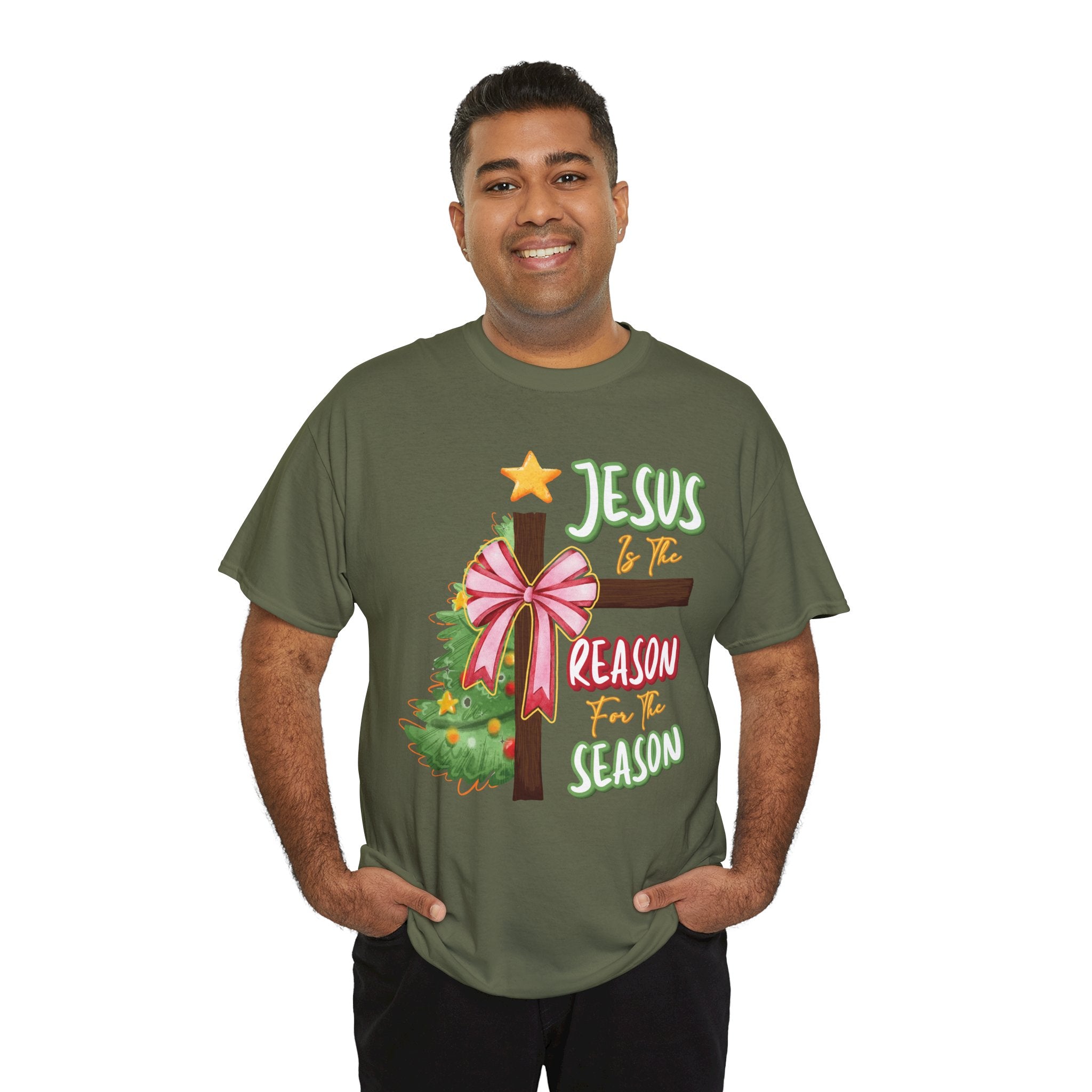 Jesus Is the Reason for the Season Christmas Tee — Cross with Pink Bow & Tree. Unisex Cotton Tee